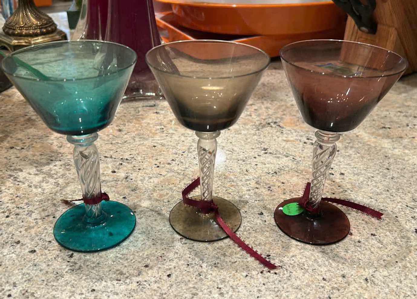 Photo 1 of 3- VINTAGE TWISTED HAND BLOWN STEM PINK GREEN BROWN