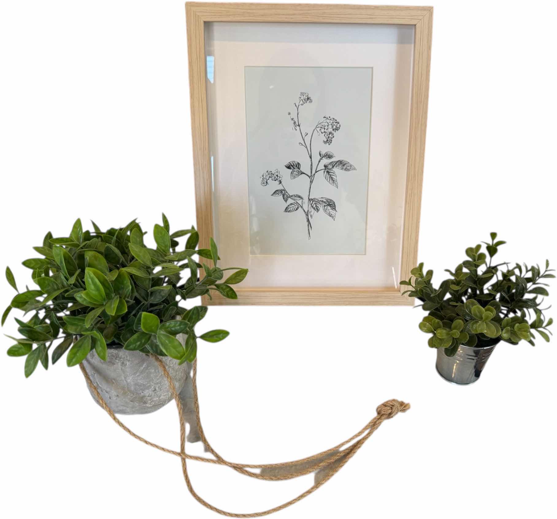 Photo 1 of FRAMED FLORAL ARTWORK 14"x11", 2 FAUX PLANTS