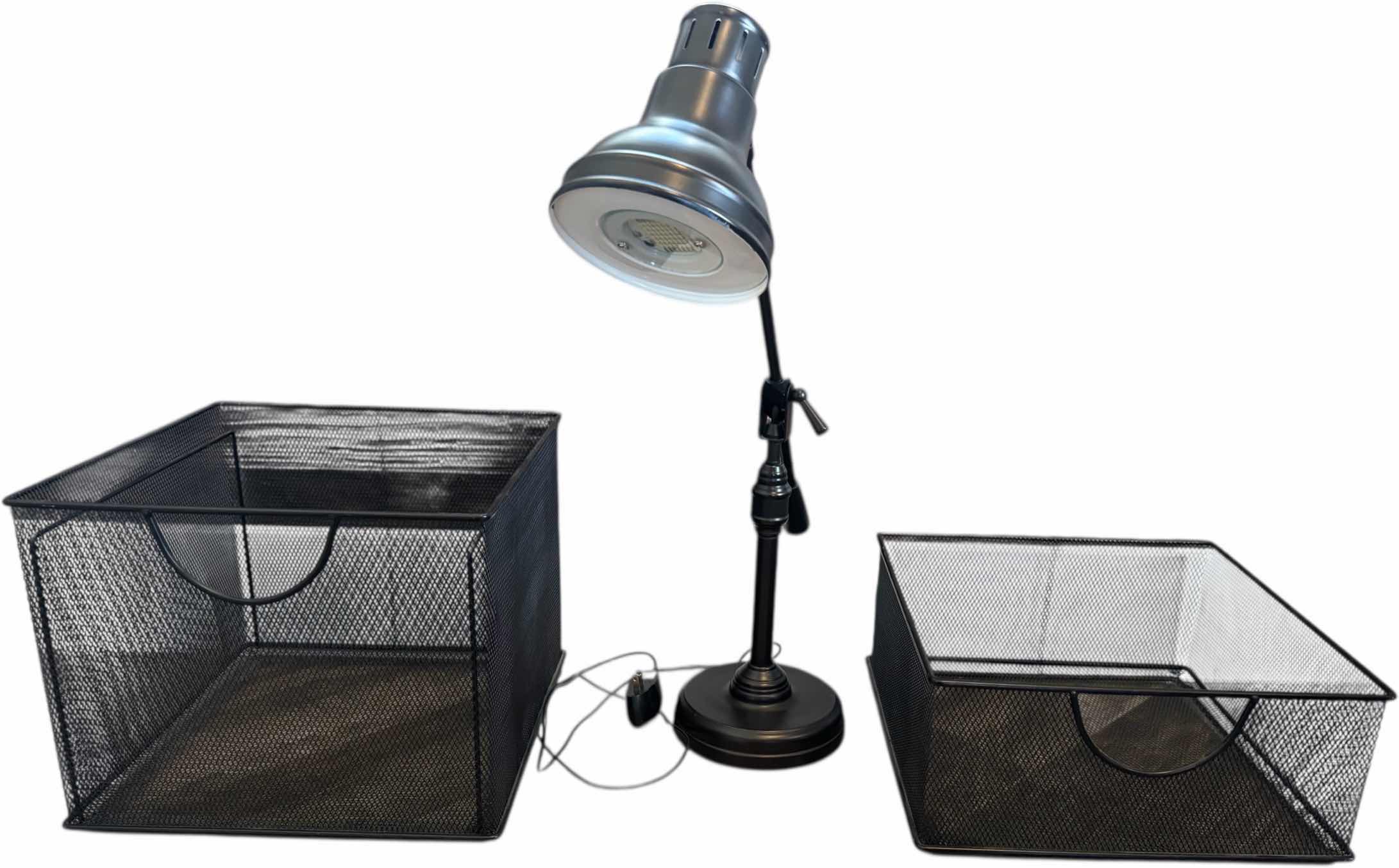 Photo 1 of BLACK INDUSTRIAL SWING ARM DESK LAMP, 2 MESH METAL FILE ORGANIZERS

