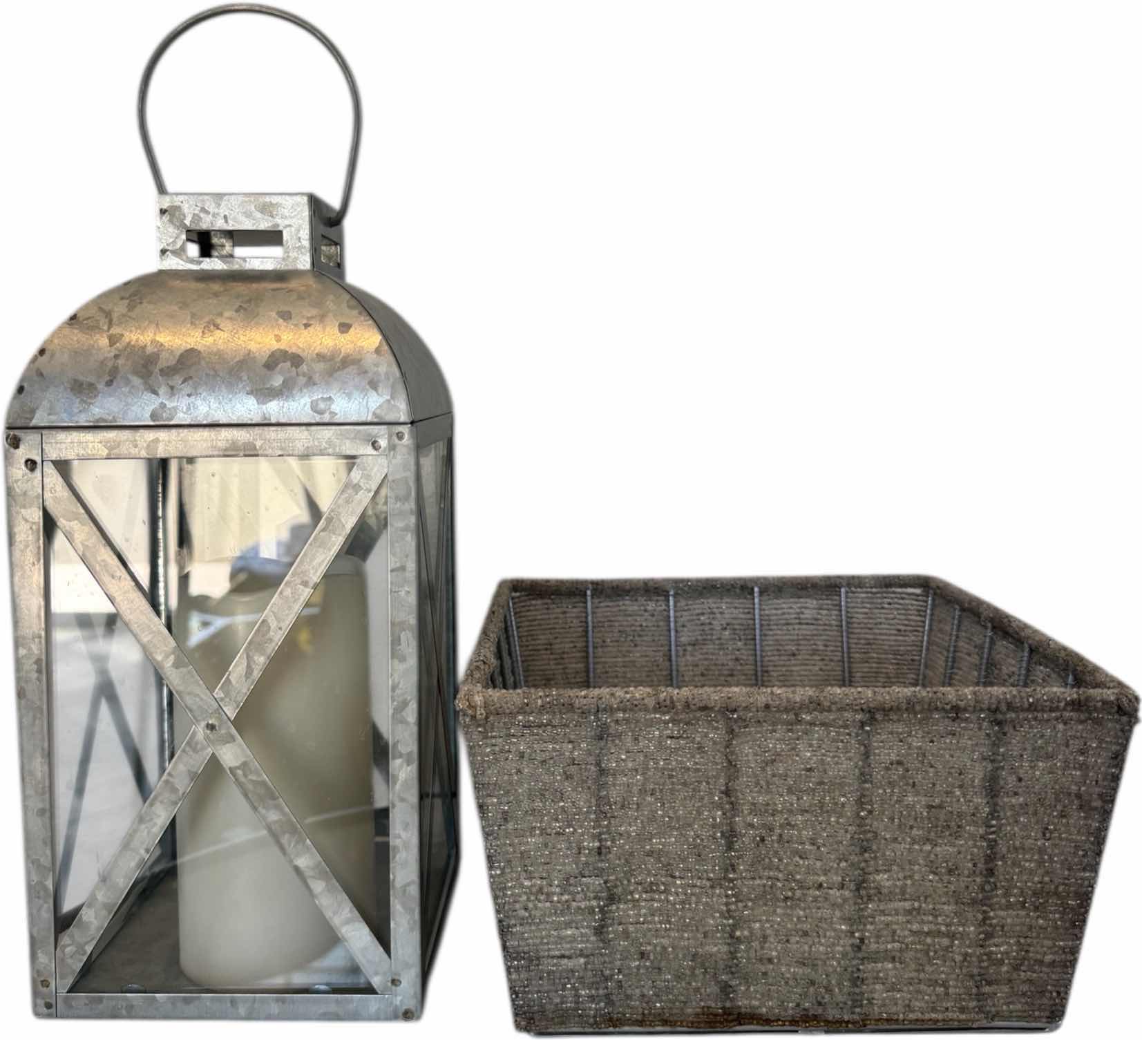 Photo 1 of GALVANIZED METAL LANTERN CANDLE HOLDER, WICKER BASKET 