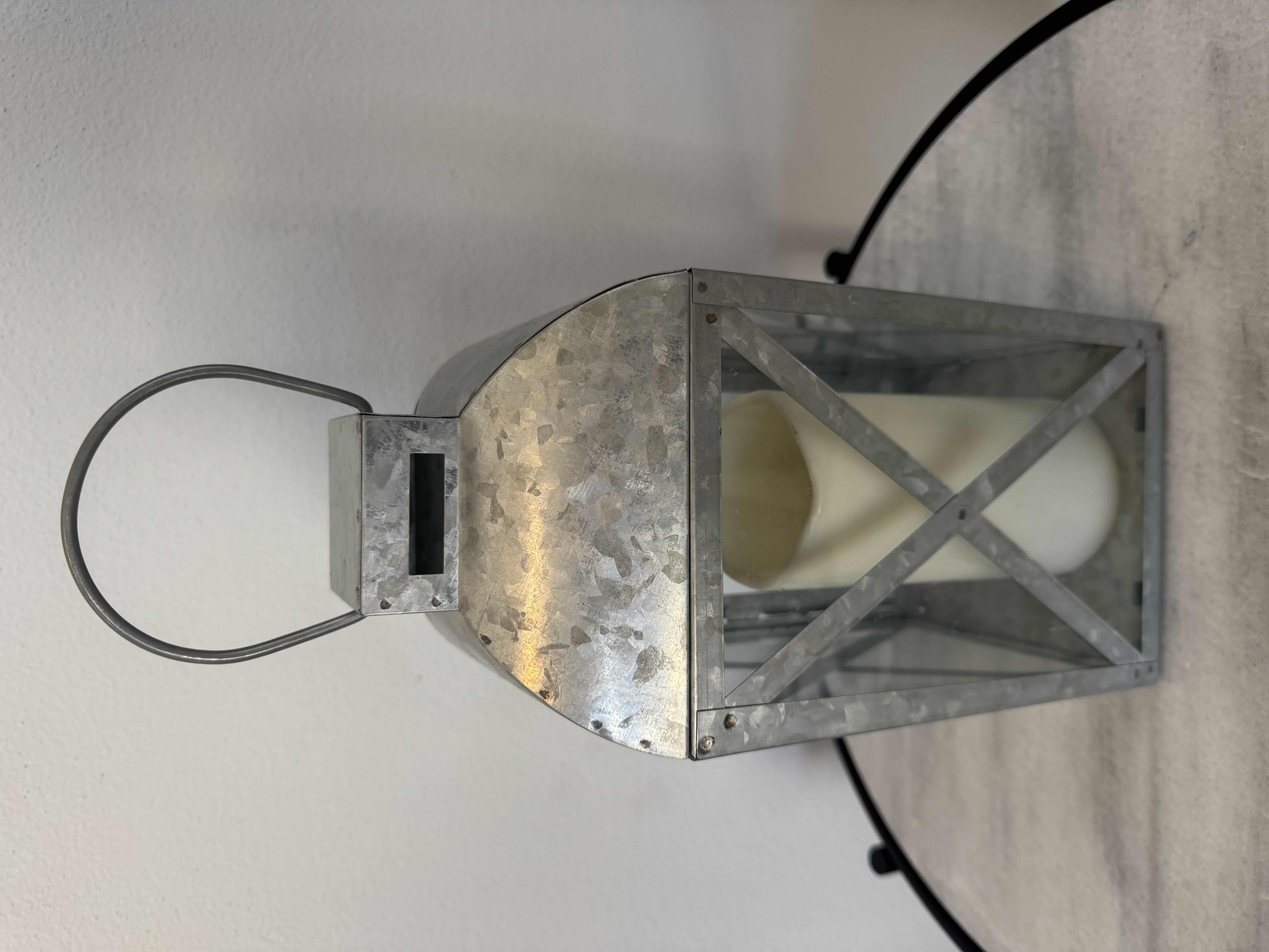 Photo 1 of GALVANIZED METAL LANTERN CANDLE HOLDER, WICKER BASKET 