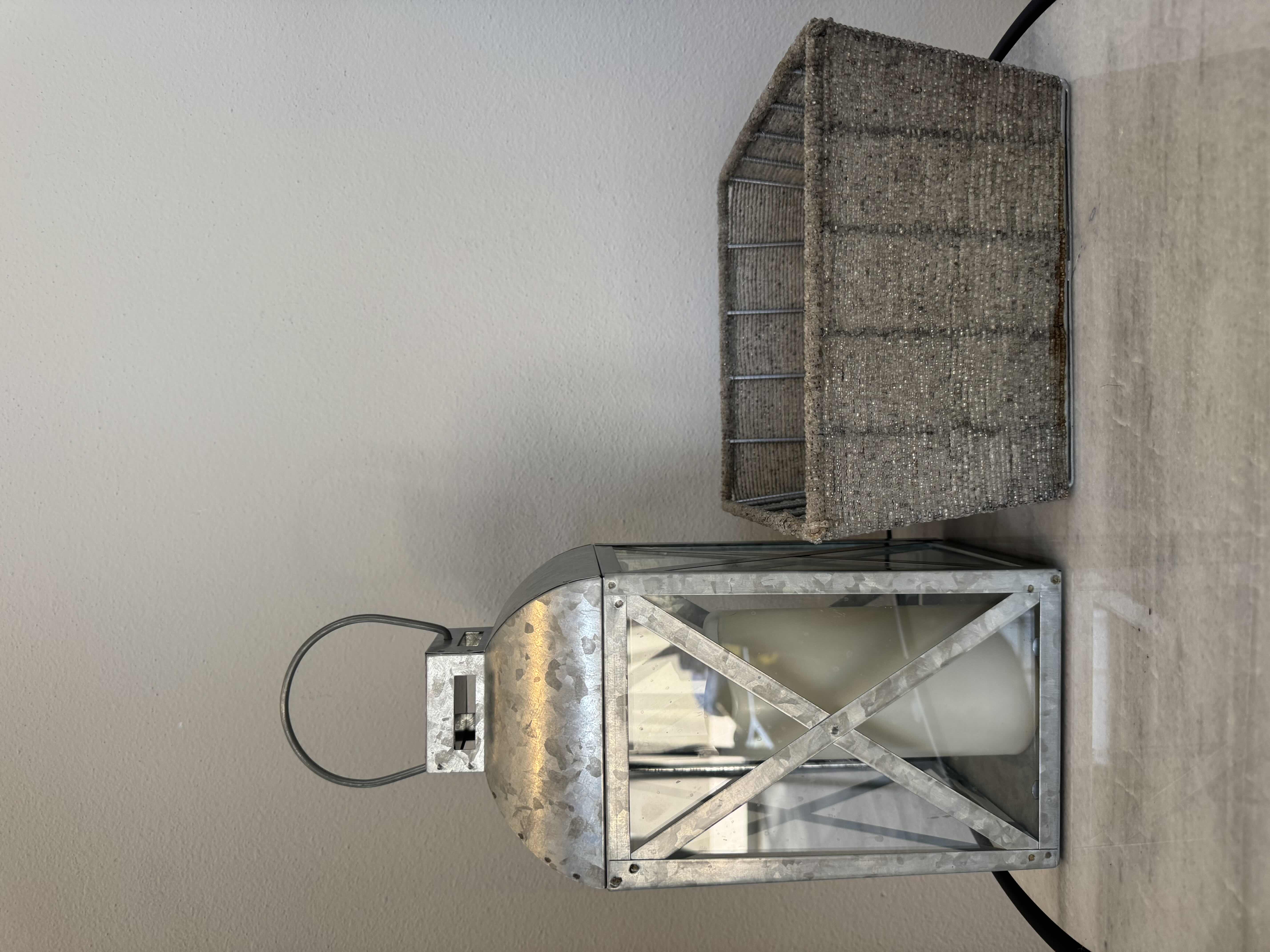 Photo 1 of GALVANIZED METAL LANTERN CANDLE HOLDER, WICKER BASKET 