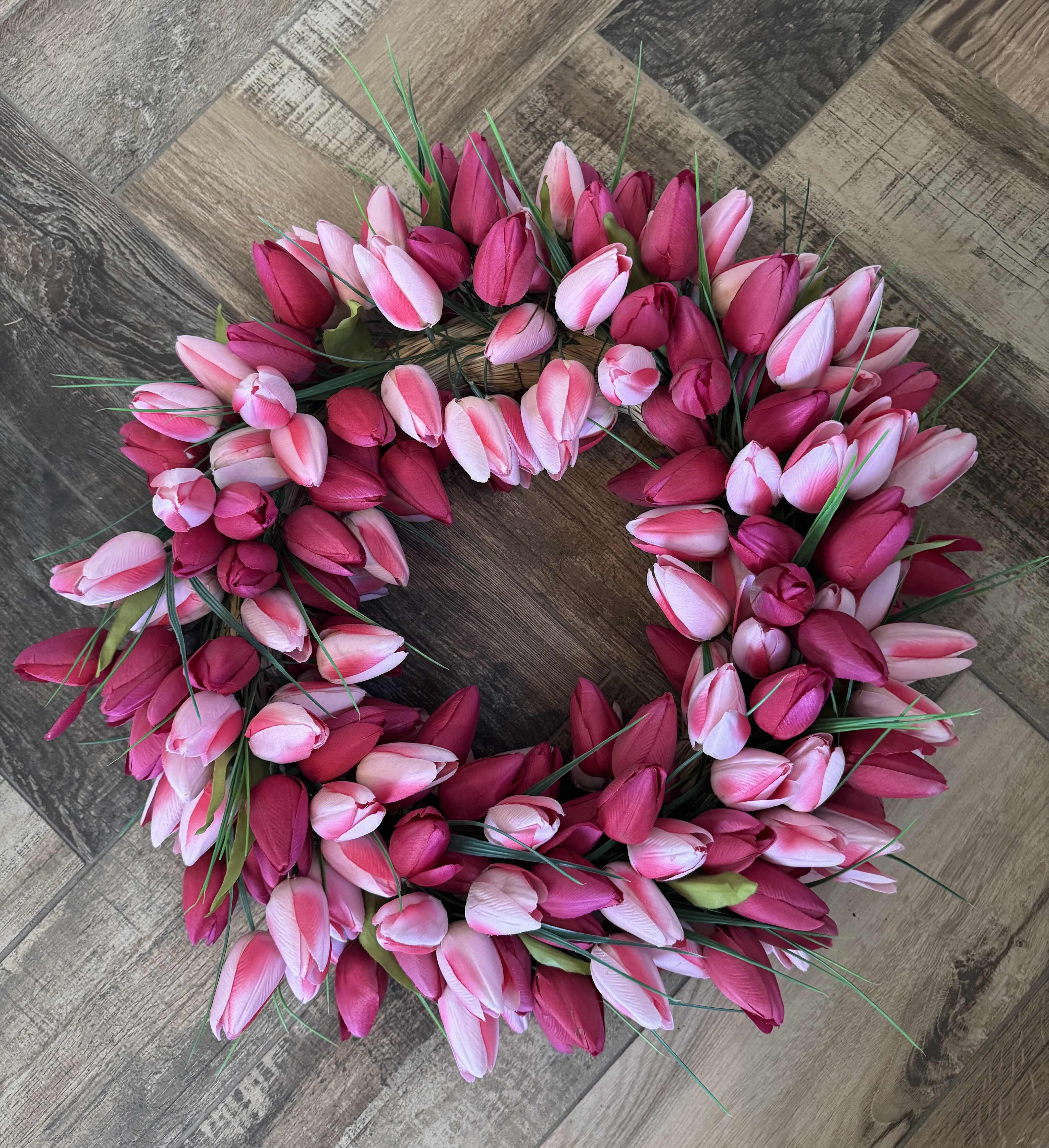 Photo 1 of RED & PINK TULIP WREATH, RATTAN BASKET