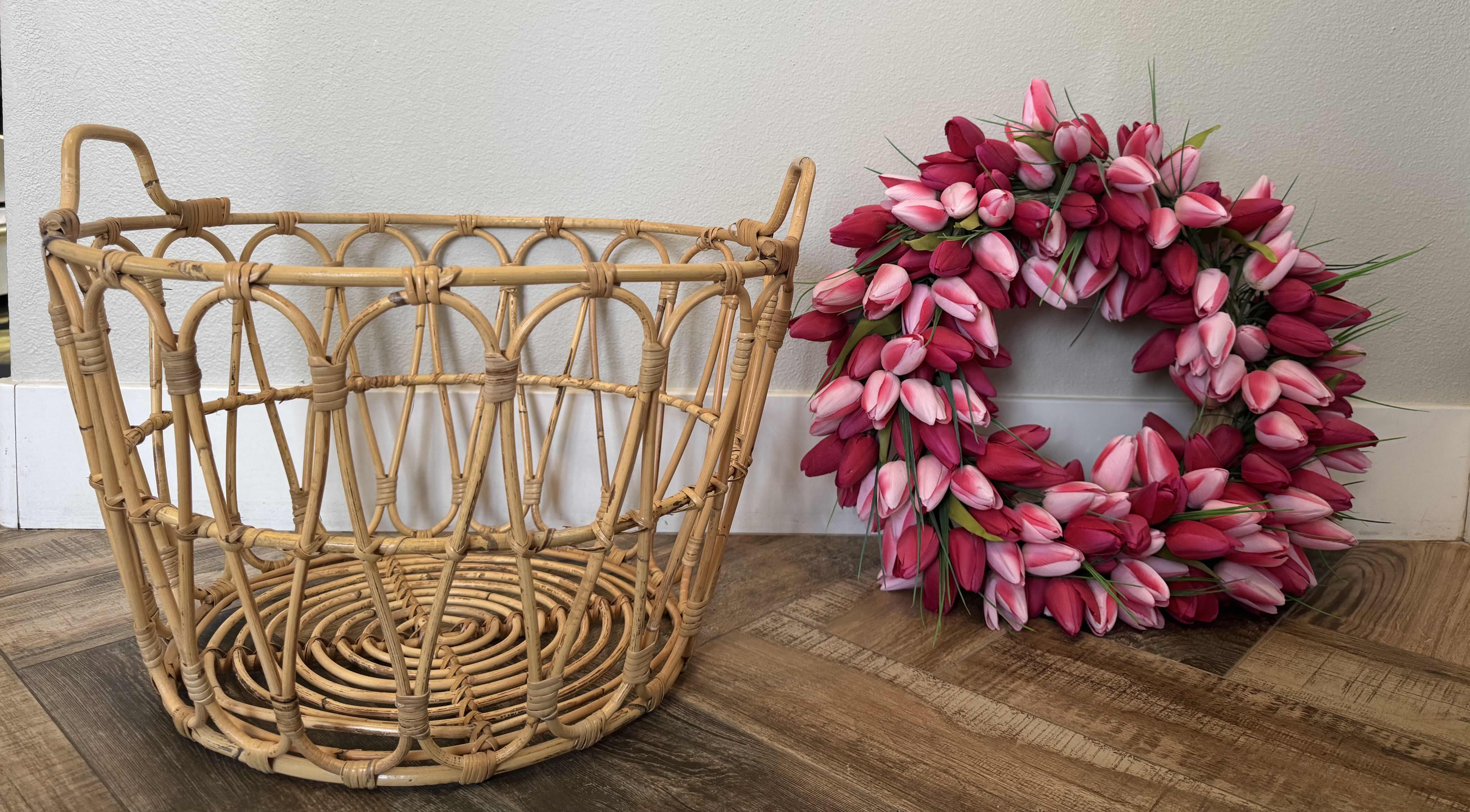 Photo 1 of RED & PINK TULIP WREATH, RATTAN BASKET