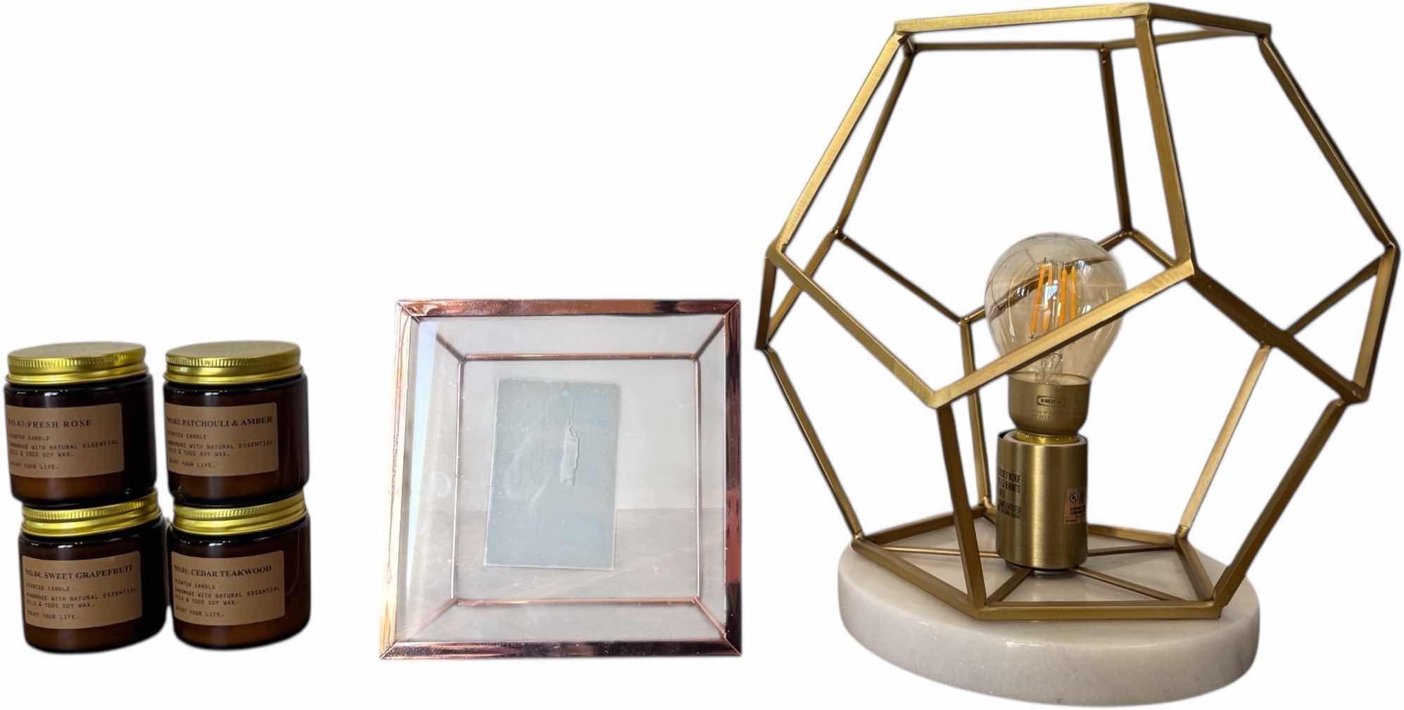 Photo 1 of METAL & STONE TABLE LAMP, METAL PICTURE FRAME, 4- SCENTED CANDLES
