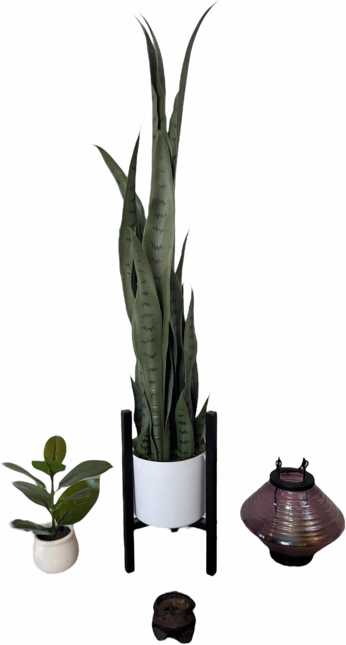Photo 1 of FAUX PLANTS, GLASS METAL LANTERN, METAL FROG
