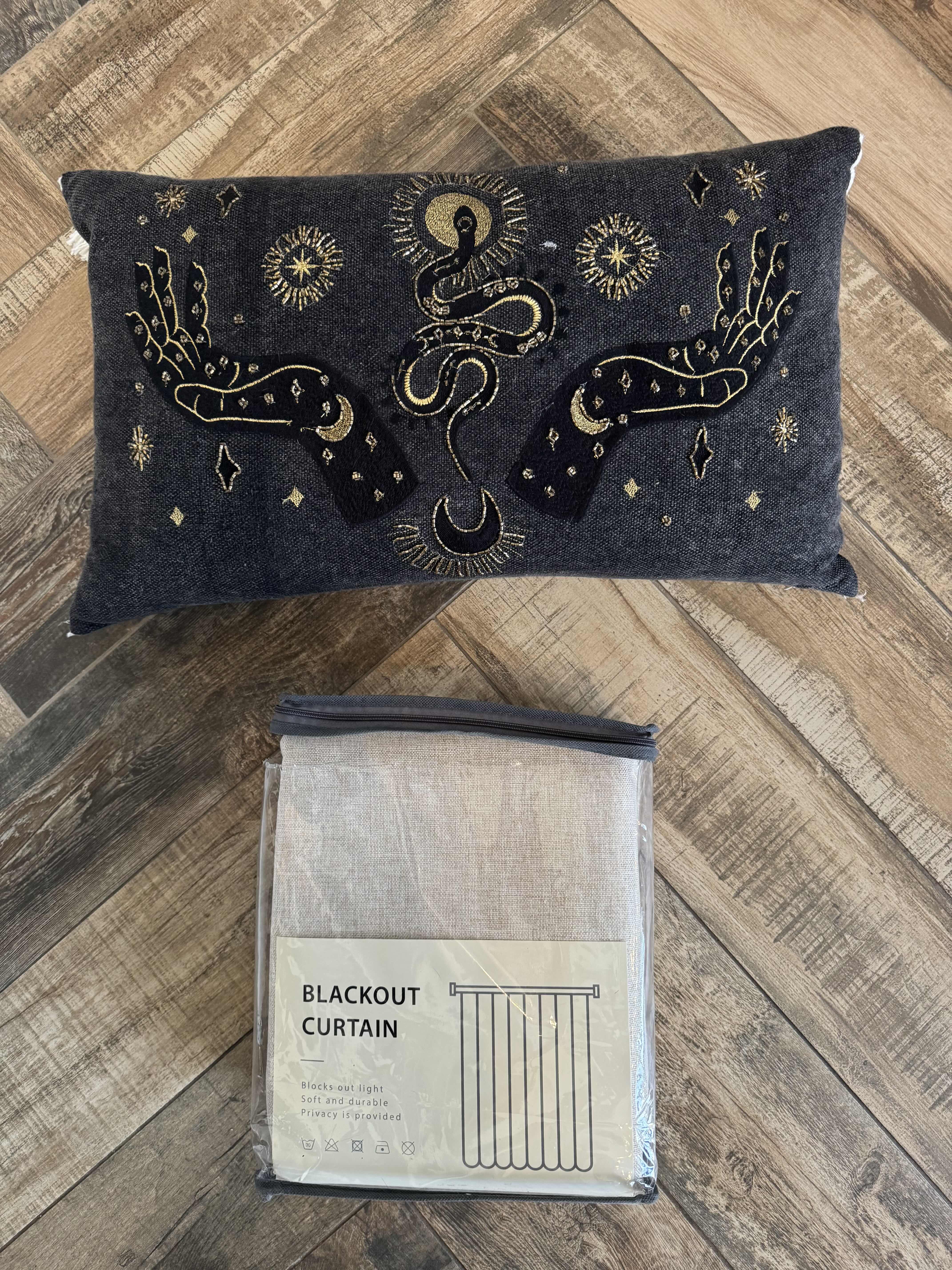 Photo 1 of NIP OATMEAL BLACKOUT CURTAIN, DECORATIVE BLACK & GOLD PILLOW 
