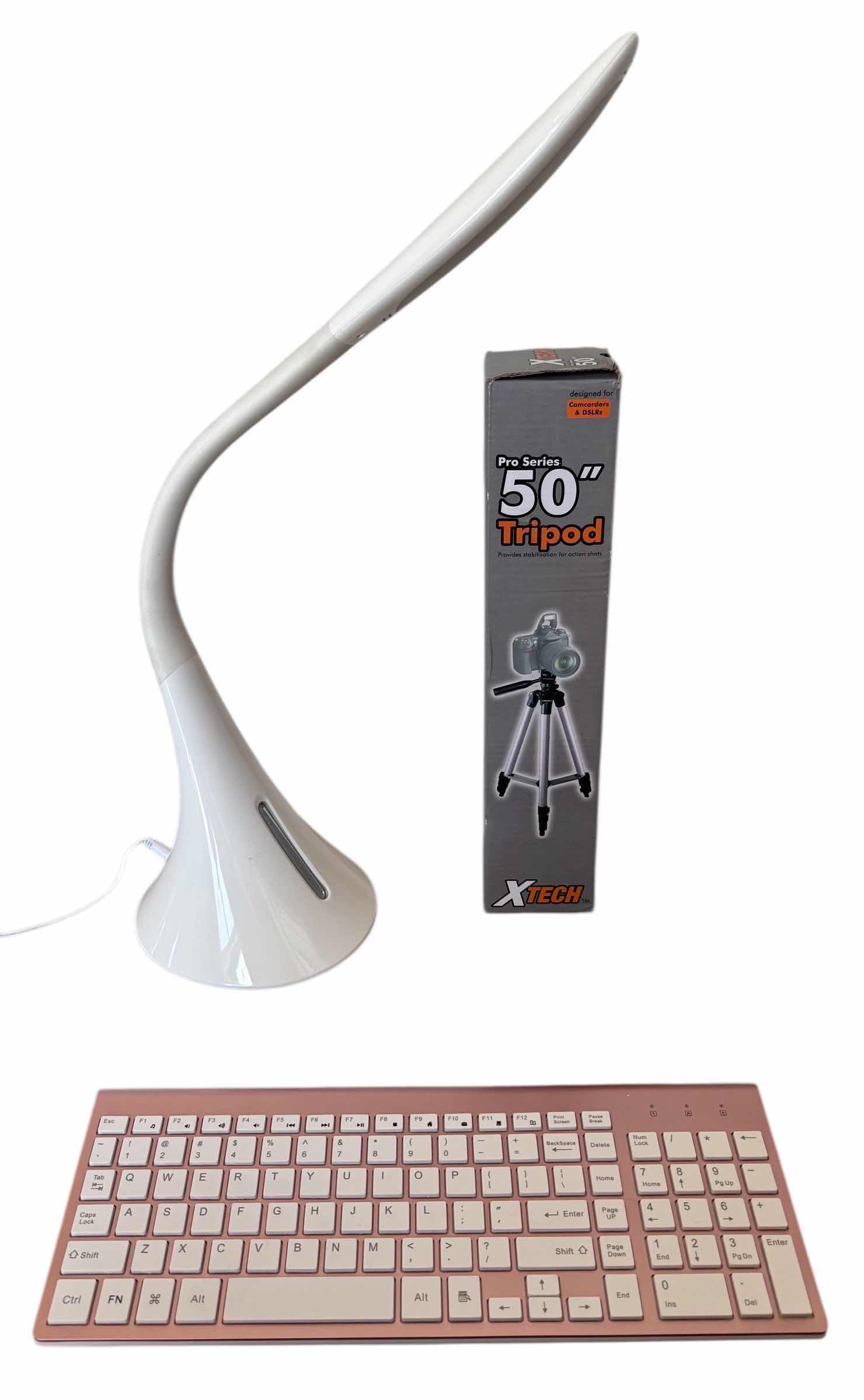 Photo 1 of WHITE ADJUSTABLE DESK LAMP, 50” TRIPOD,PINK WIRELESS KEYBOARD 
