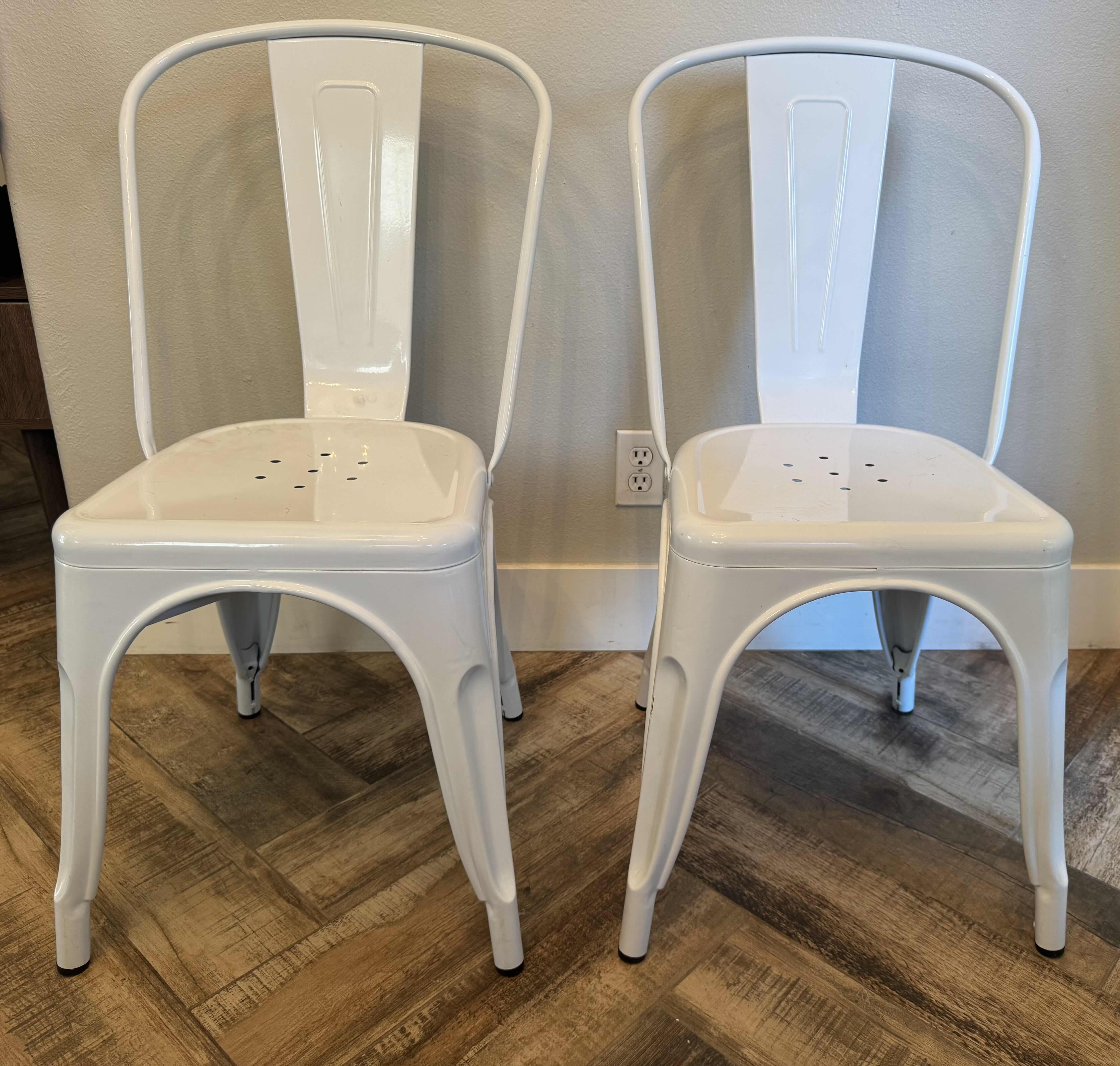 Photo 1 of 2-WHITE METAL STACKABLE SIDE CHAIRS 
