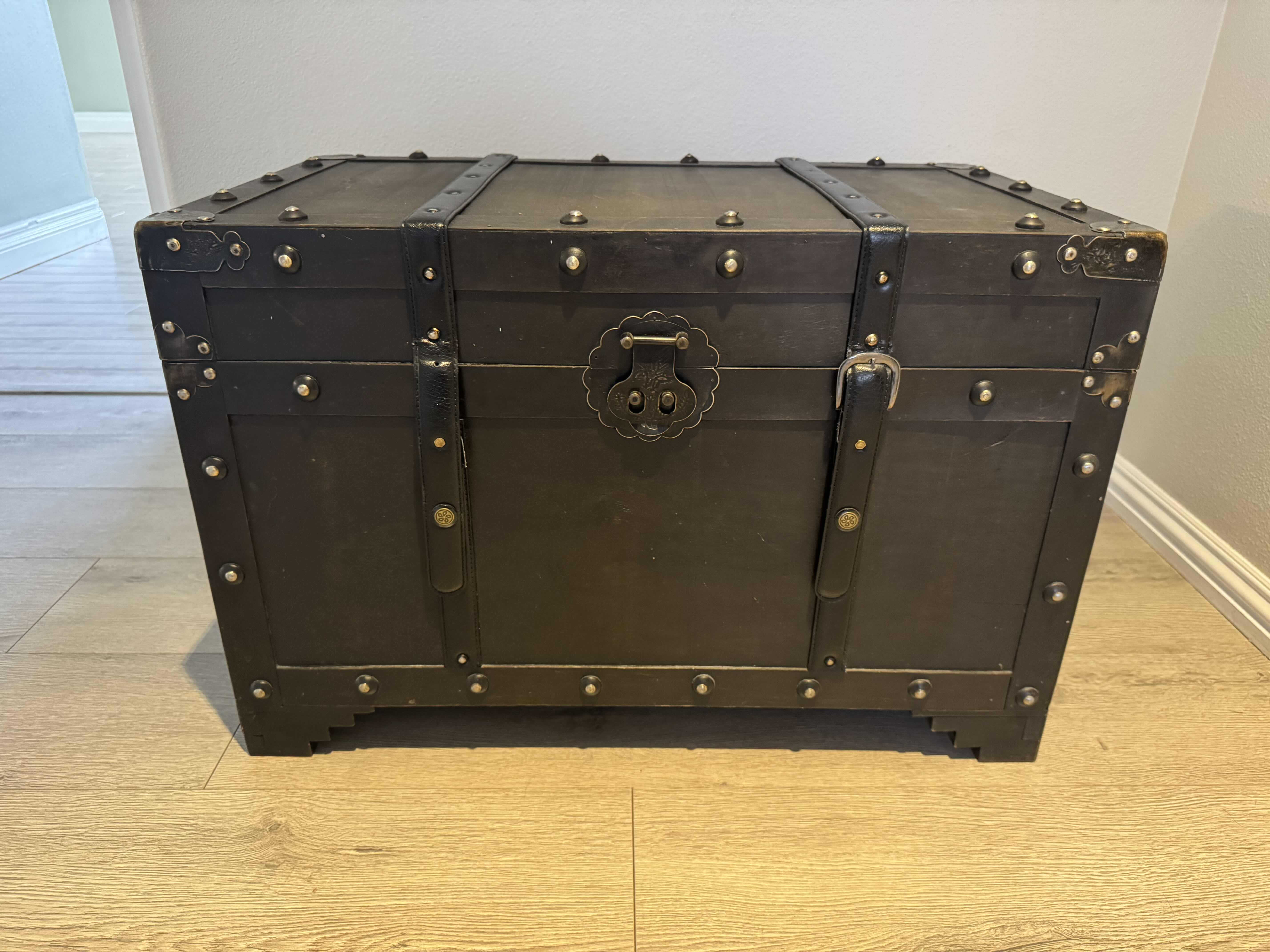 Photo 1 of WOOD TREASURE CHEST STORAGE TRUNK W BRASS HARDWARE 28” X 16.5” H18.5”