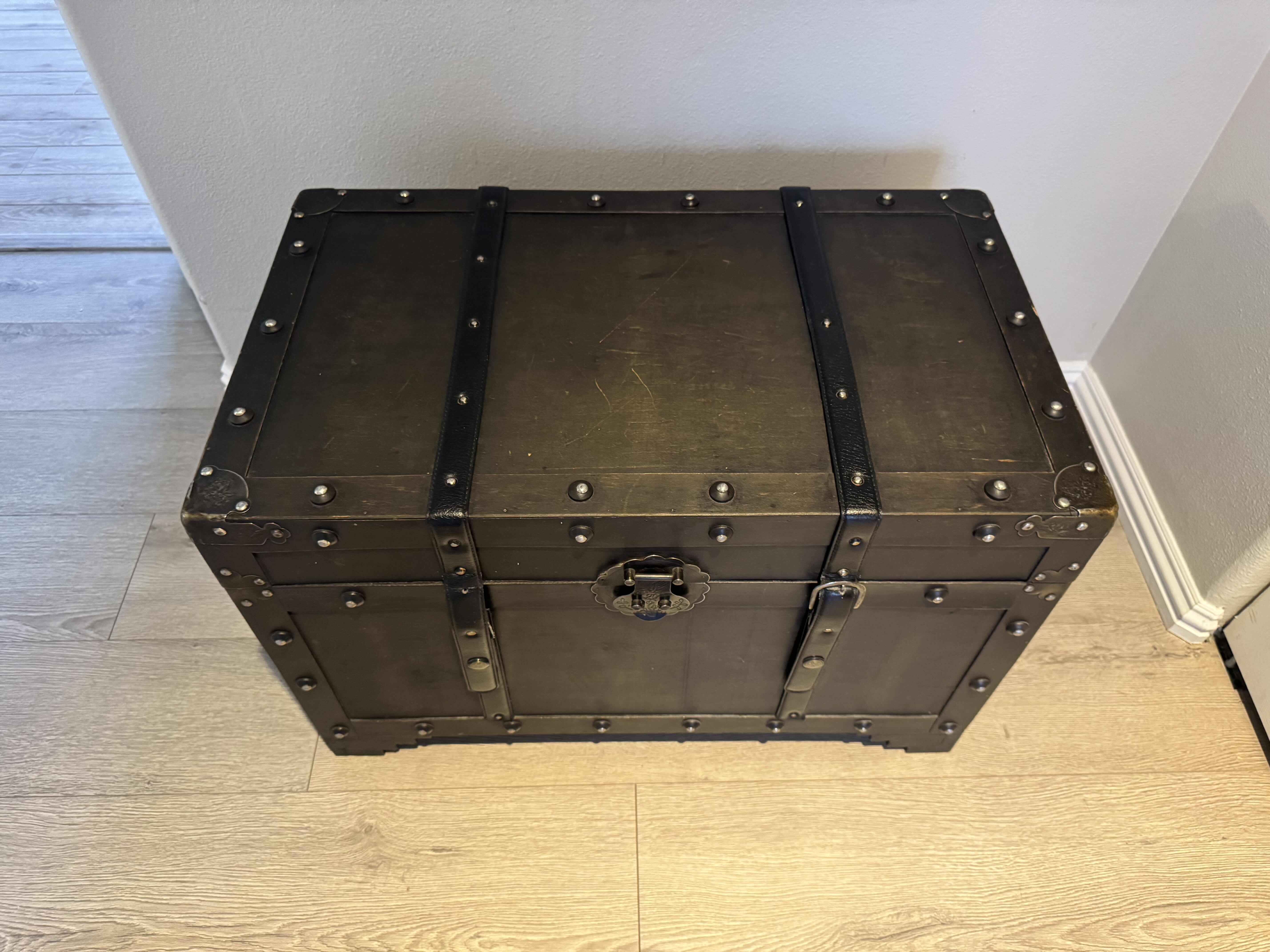 Photo 1 of WOOD TREASURE CHEST STORAGE TRUNK W BRASS HARDWARE 28” X 16.5” H18.5”