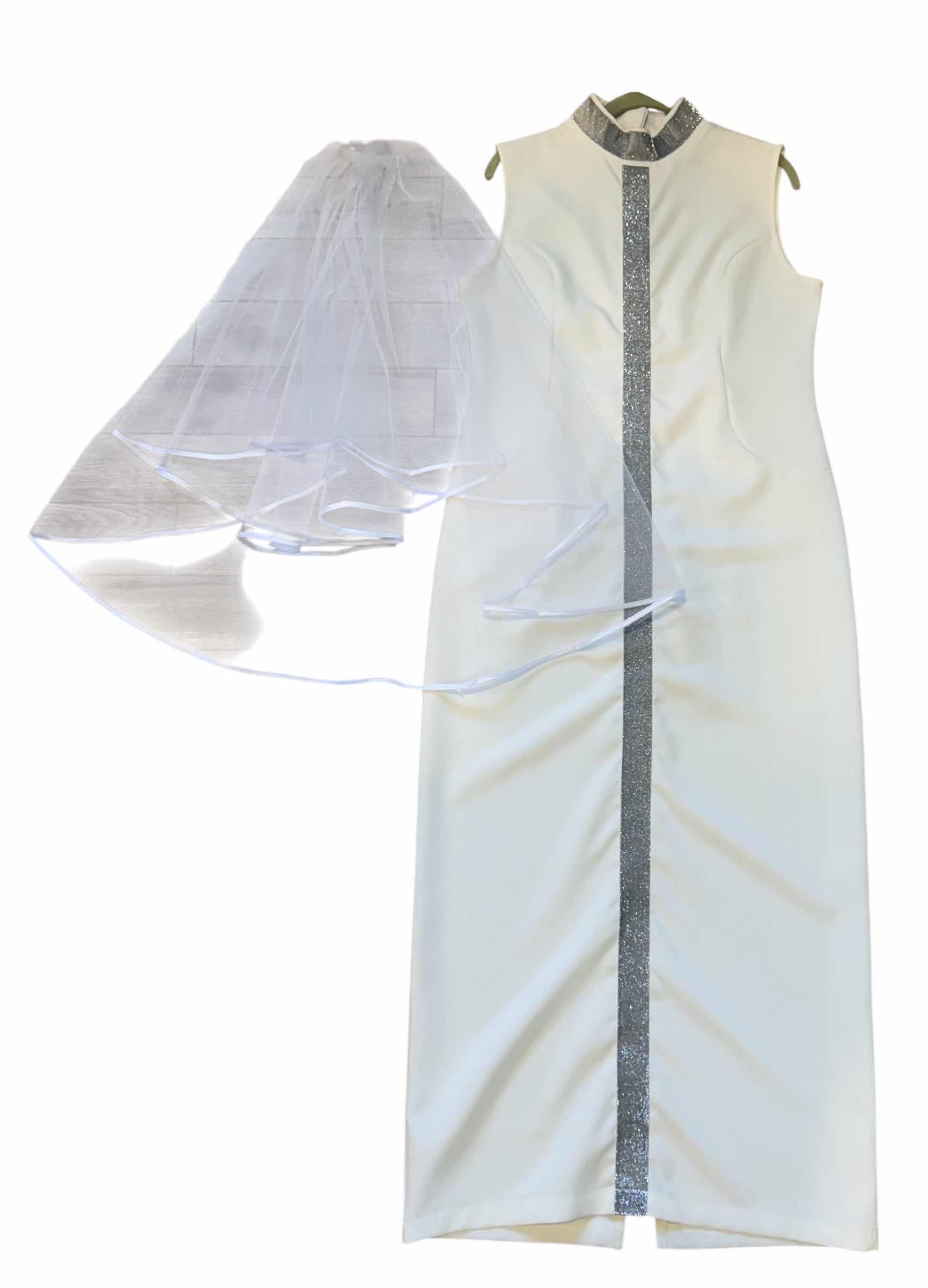 Photo 1 of WHITE W SILVER TRIM SHORT SLEEVE EVENING GOWN W SHORT WHITE VEIL (SIZE L)