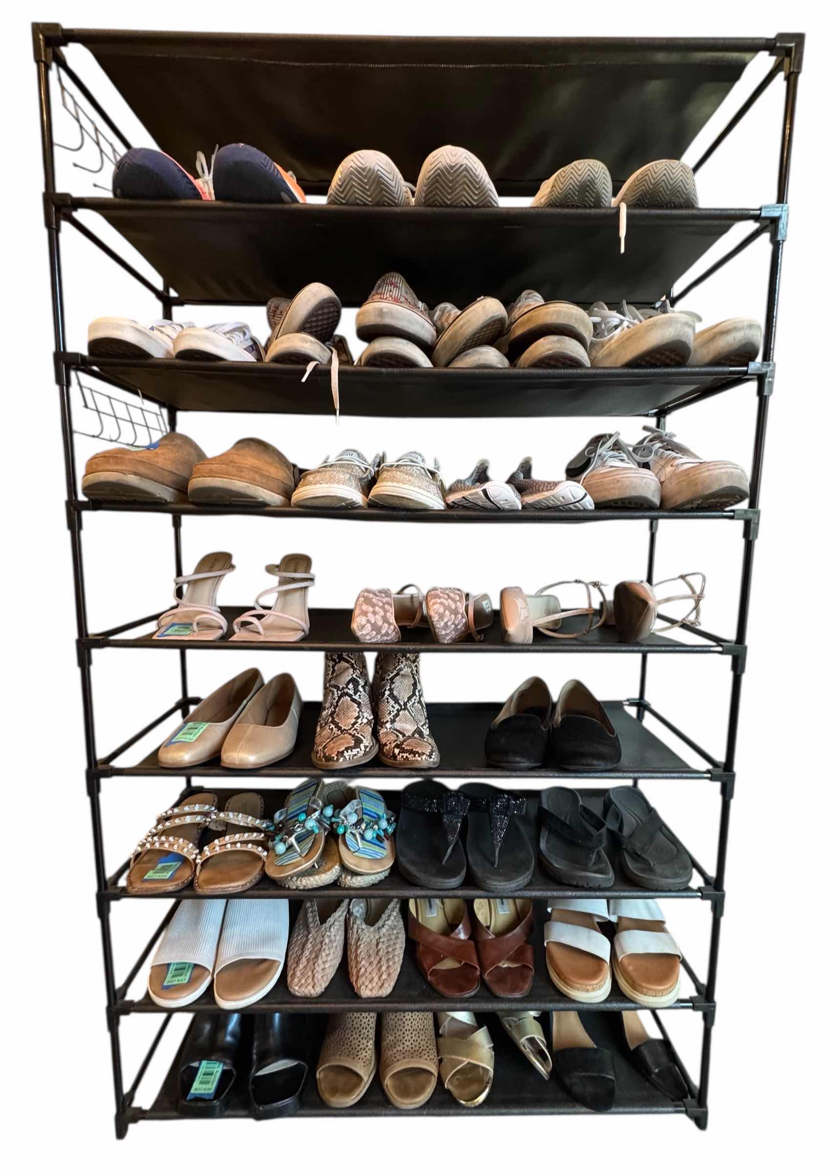 Photo 1 of 9 TIER BLACK SHOE RACK W HOOKS 33.5” X 11” H56” (SHOES NOT INCLUDED)