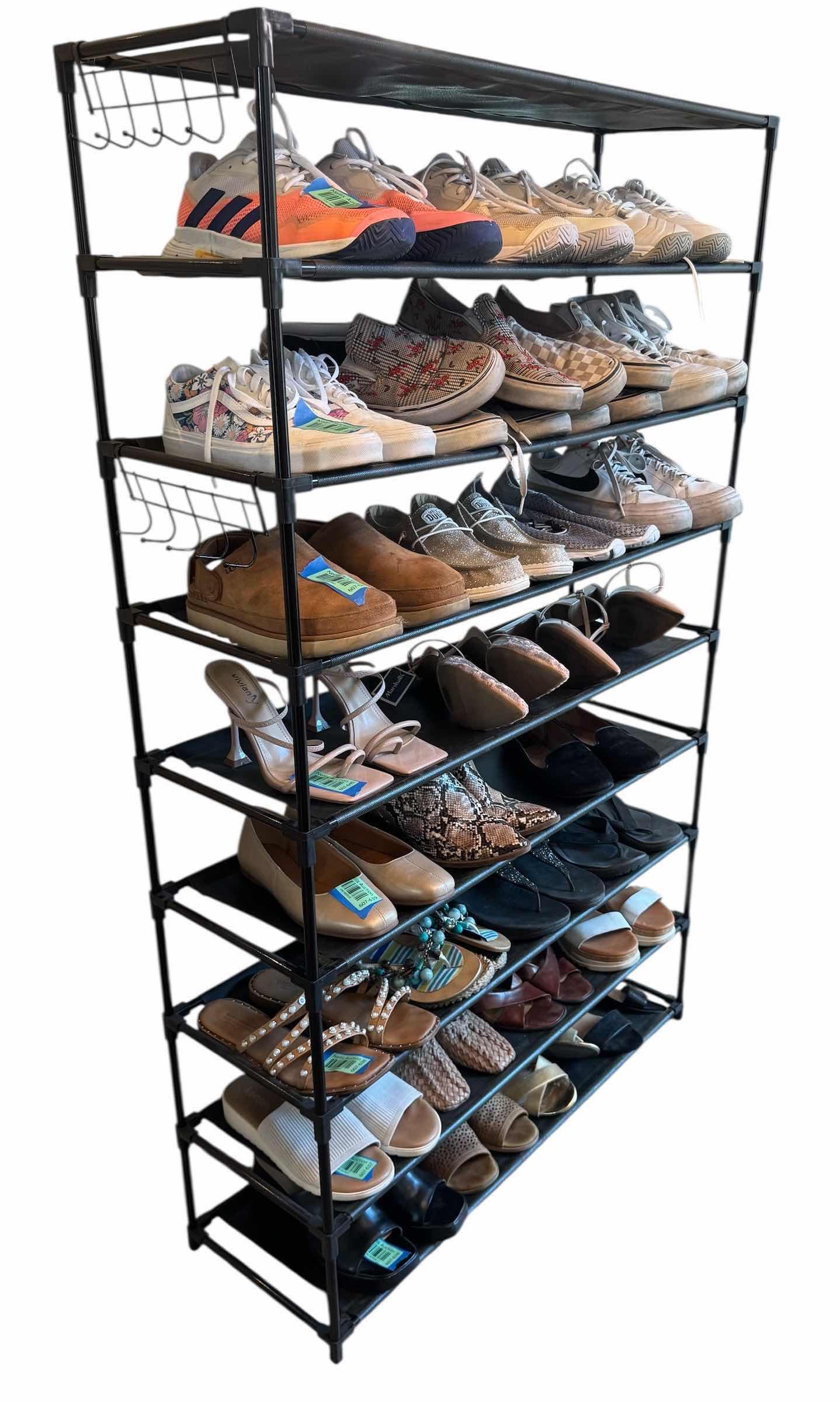 Photo 1 of 9 TIER BLACK SHOE RACK W HOOKS 33.5” X 11” H56” (SHOES NOT INCLUDED)