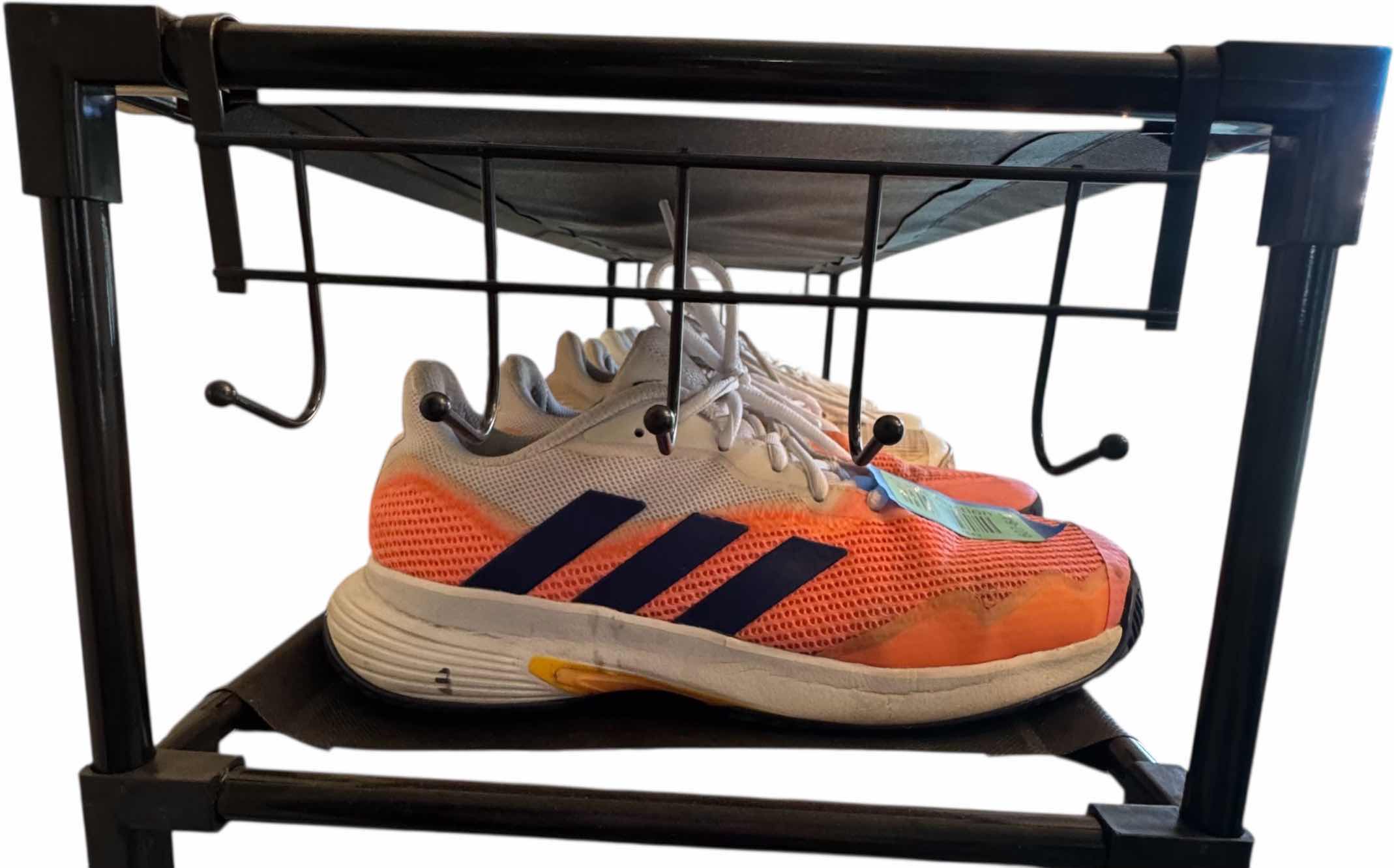 Photo 1 of 9 TIER BLACK SHOE RACK W HOOKS 33.5” X 11” H56” (SHOES NOT INCLUDED)