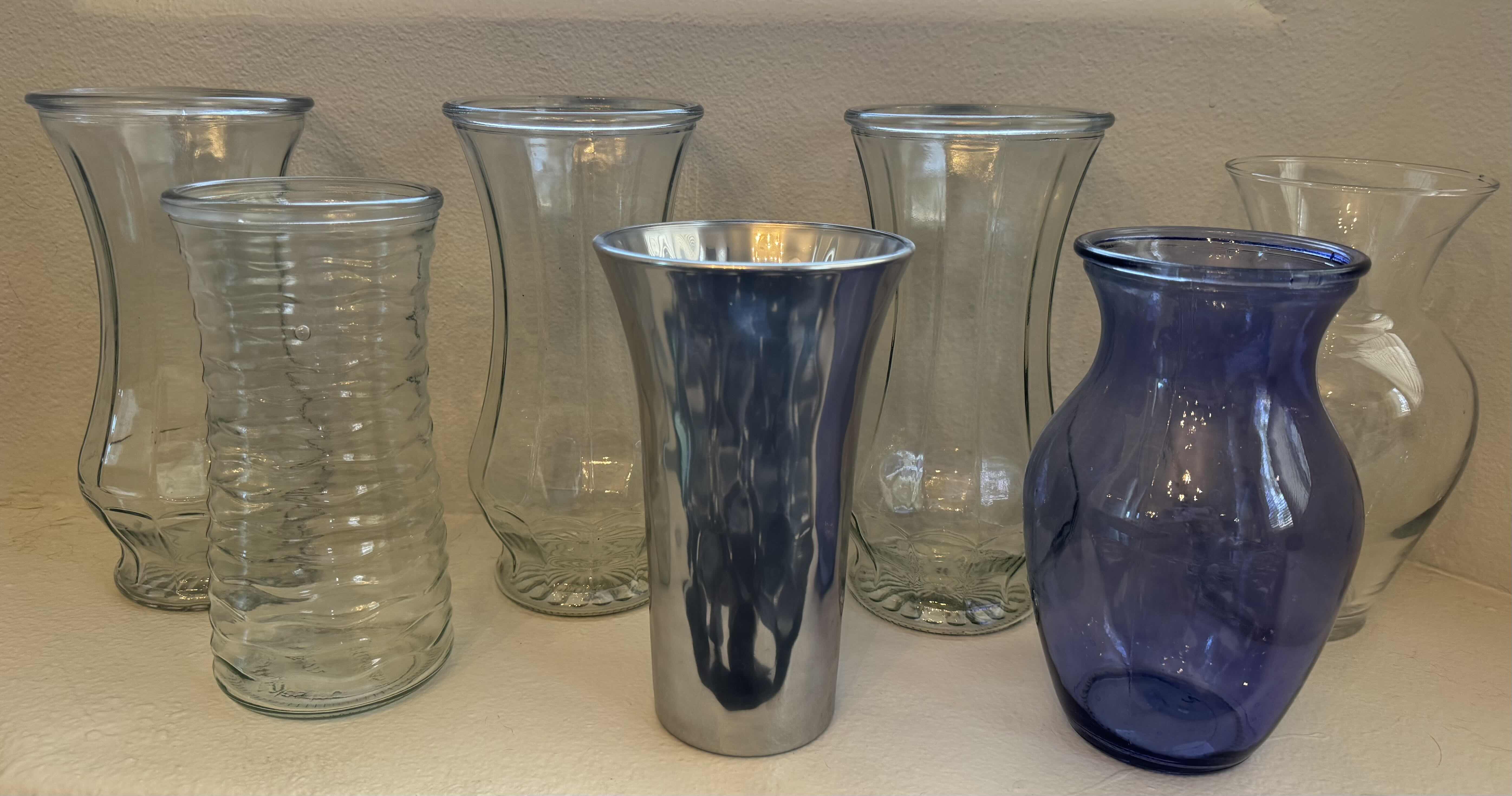 Photo 1 of 7-ASSORTED GLASS FLOWER VASES-VARIOUS HEIGHTS & SIZES