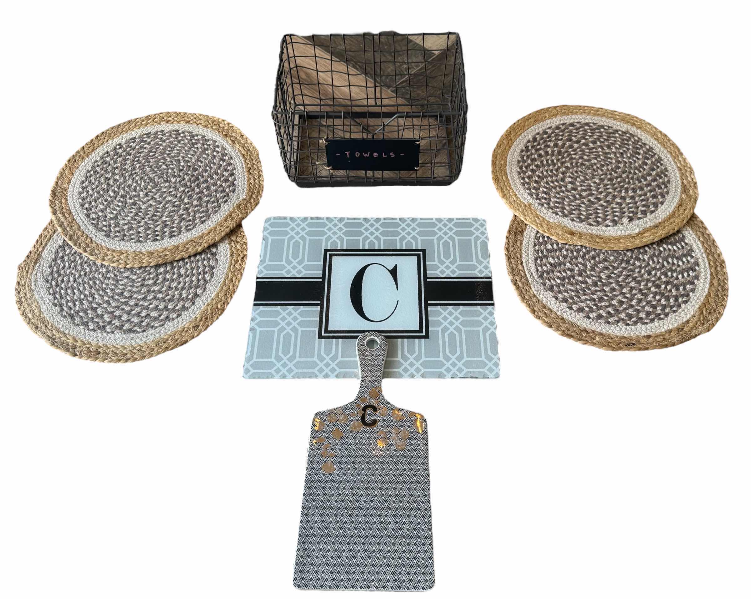 Photo 1 of ROUND TABLE MATS, DECORATIVE CUTTING BOARDS & METAL BASKET

