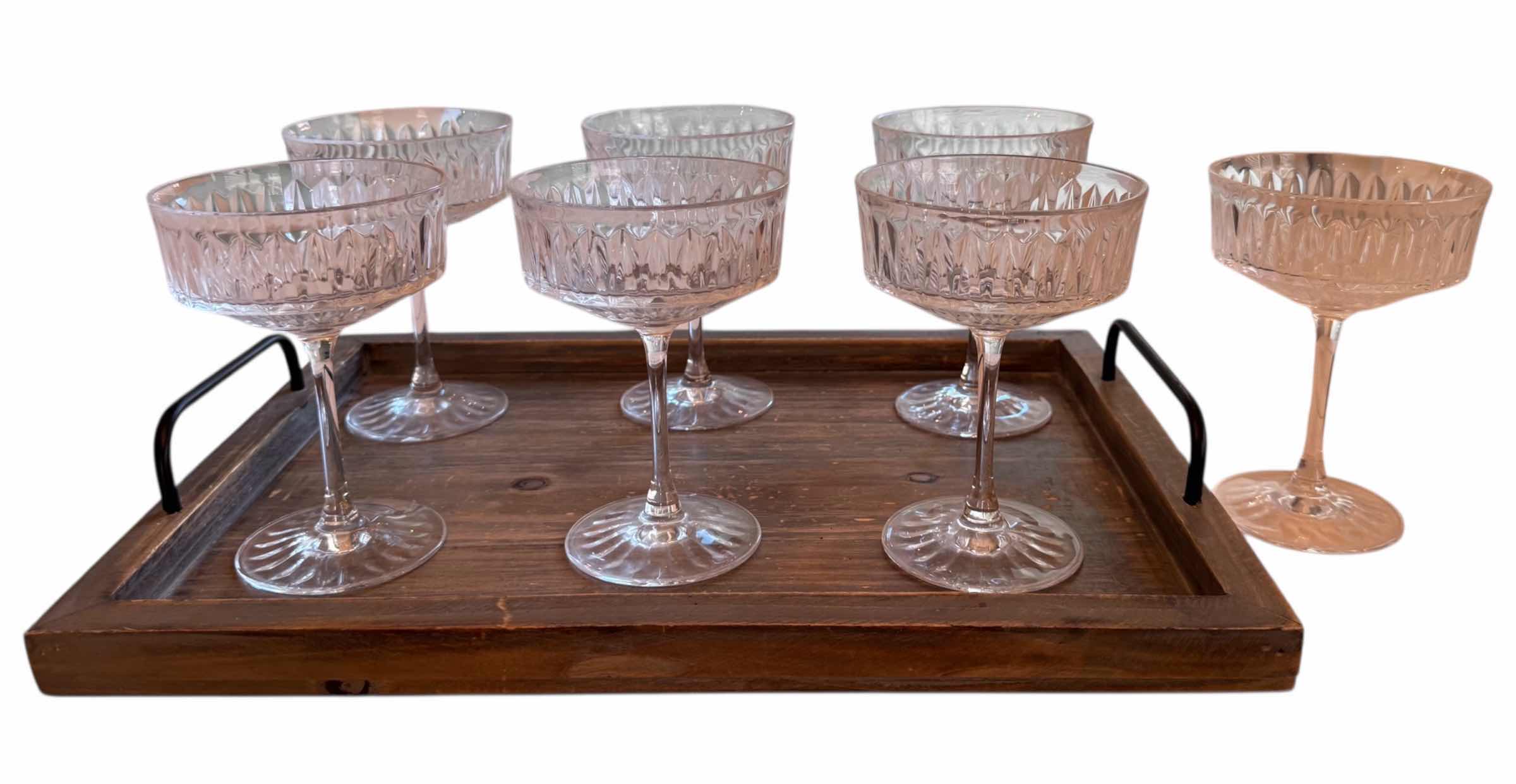 Photo 1 of WOOD SERVING TRAY W 7 STEMWARE GLASSES

