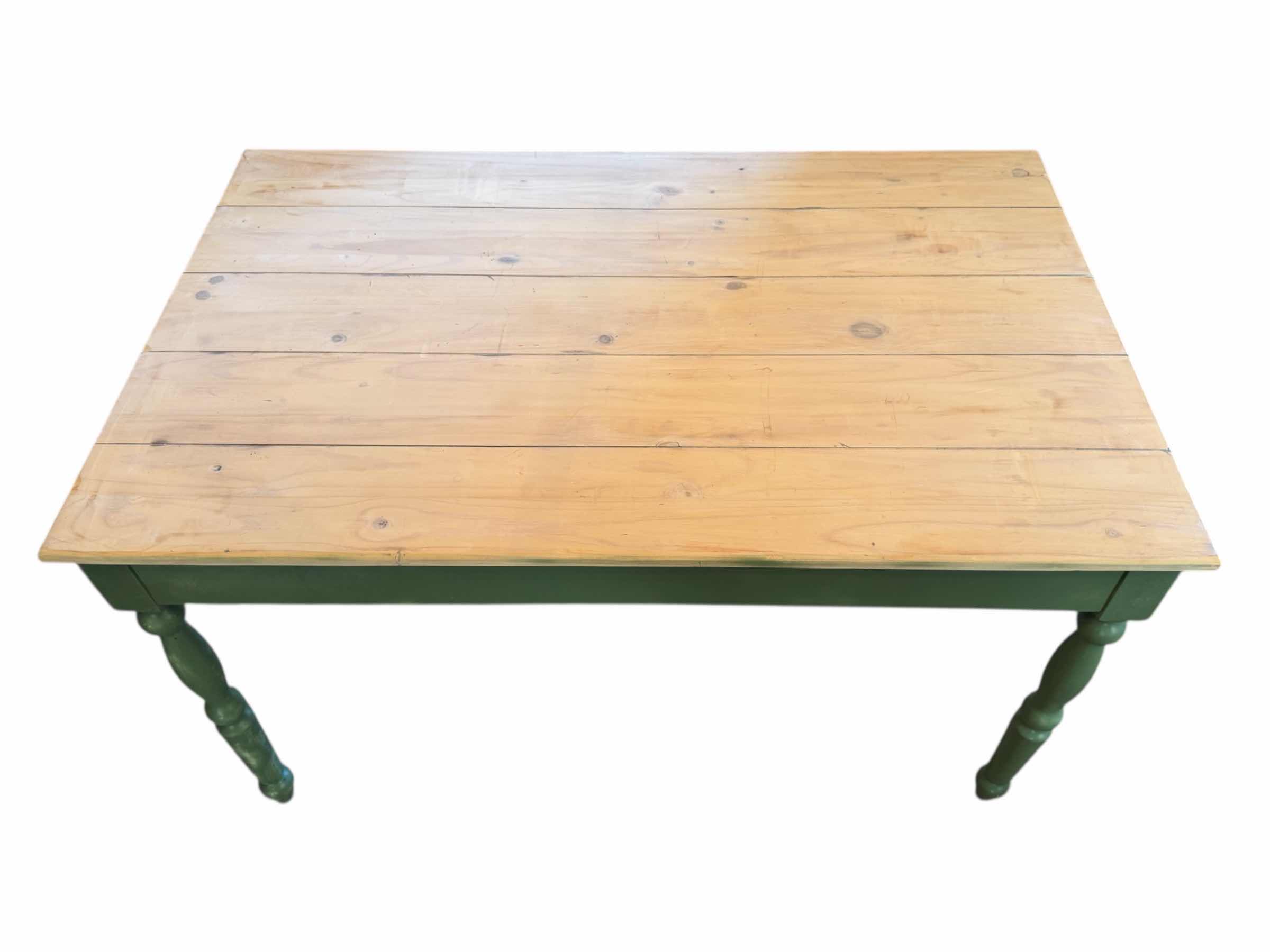 Photo 1 of KNOTTY PINE TOP KITCHEN FARMHOUSE TABLE W  PAINTED GREEN BASE 54” X 34”  H31.5”