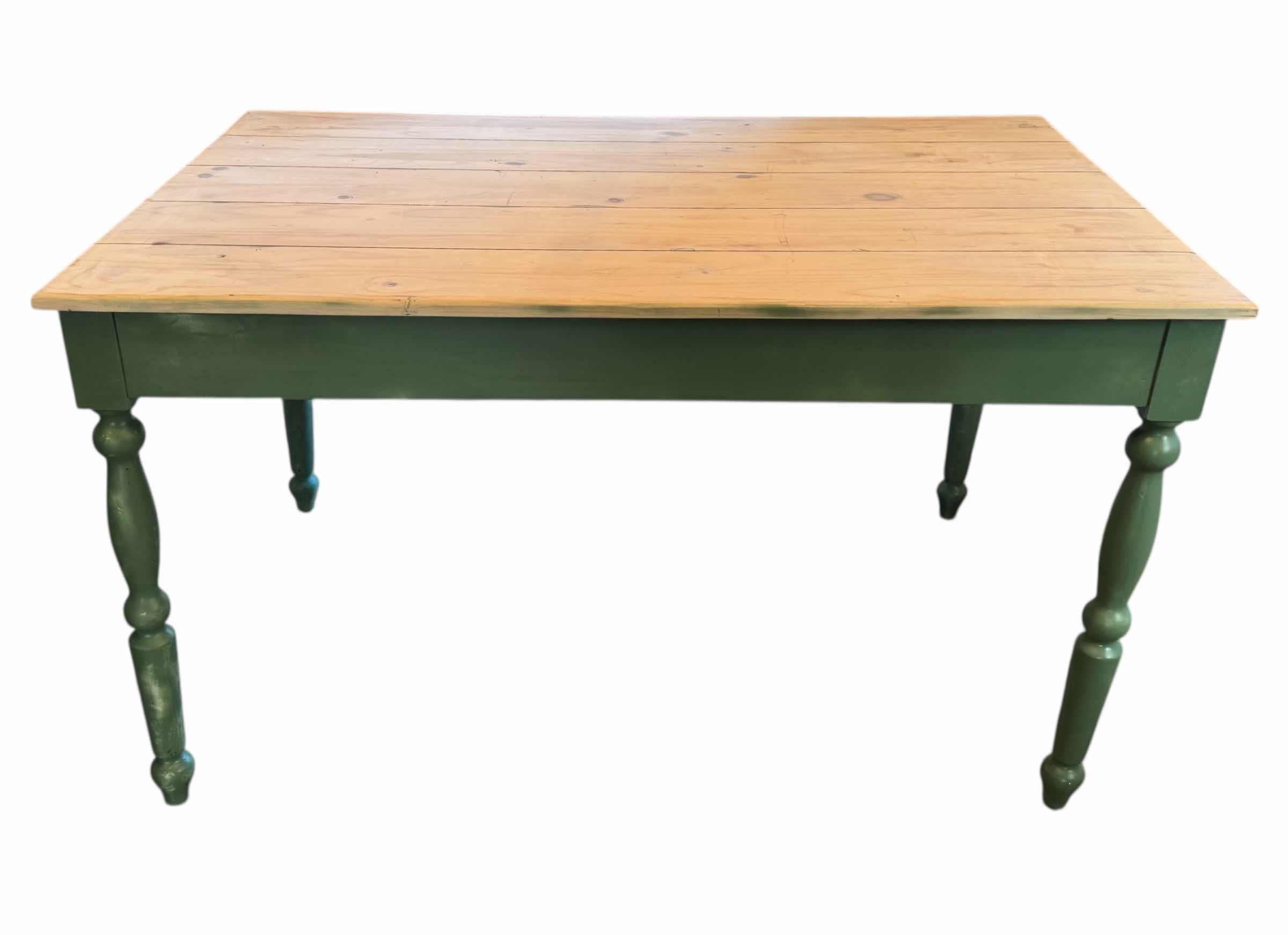 Photo 1 of KNOTTY PINE TOP KITCHEN FARMHOUSE TABLE W  PAINTED GREEN BASE 54” X 34”  H31.5”