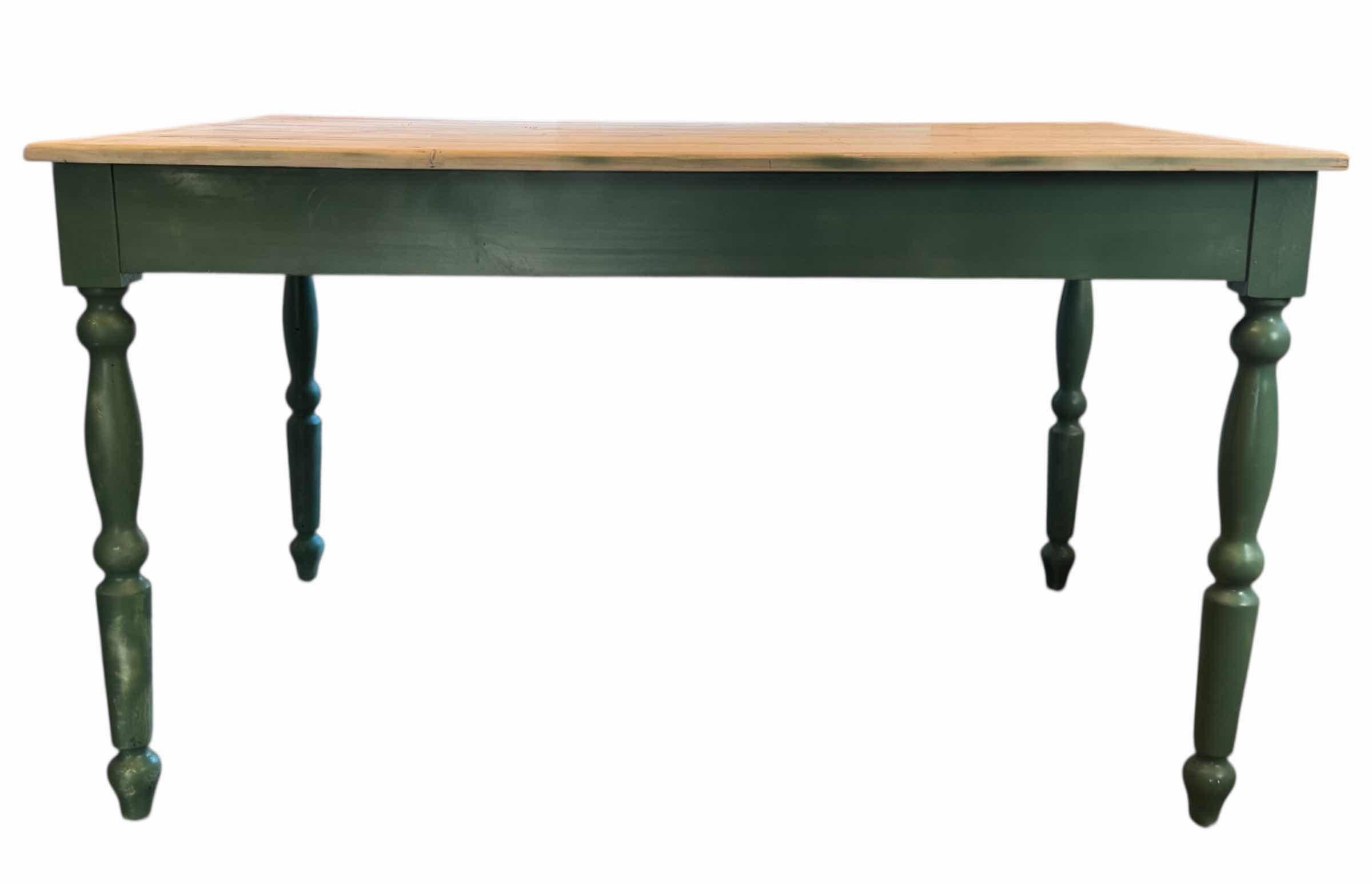 Photo 1 of KNOTTY PINE TOP KITCHEN FARMHOUSE TABLE W  PAINTED GREEN BASE 54” X 34”  H31.5”
