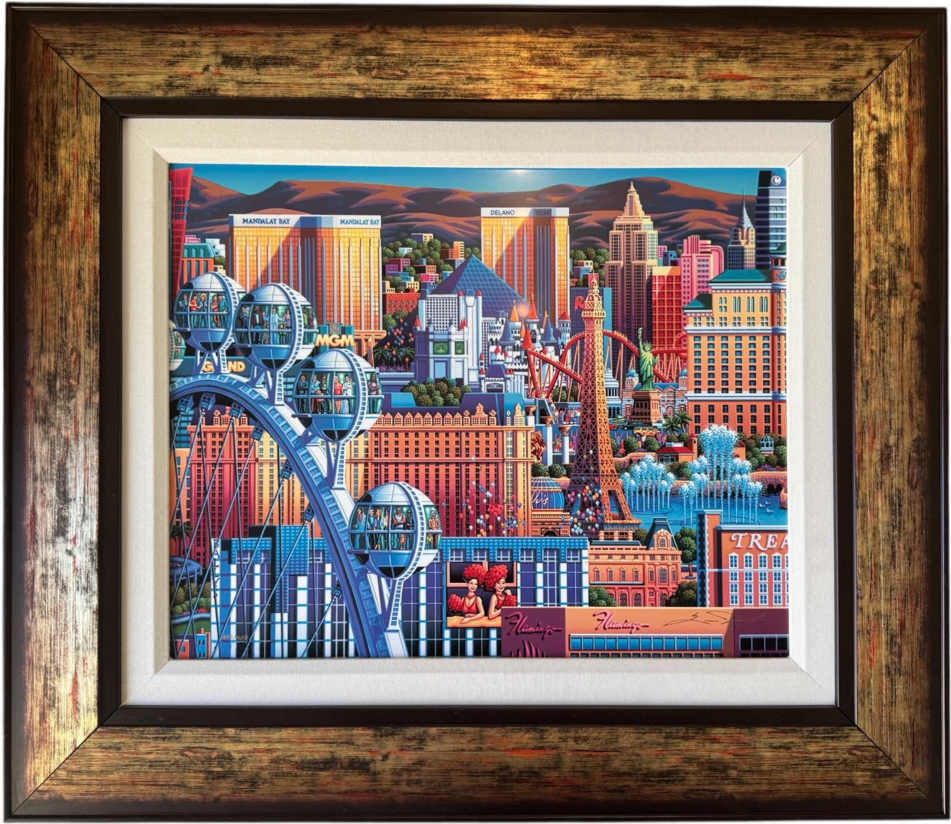 Photo 1 of ANTIQUE GOLD W BLACK FRAMED "LAS VEGAS GREAT WHEEL 2016" ARTWORK HAND SIGNED BY ARTIST ERIC DOWDLE  340/450 W APPRAISAL  (29” X 25”)
