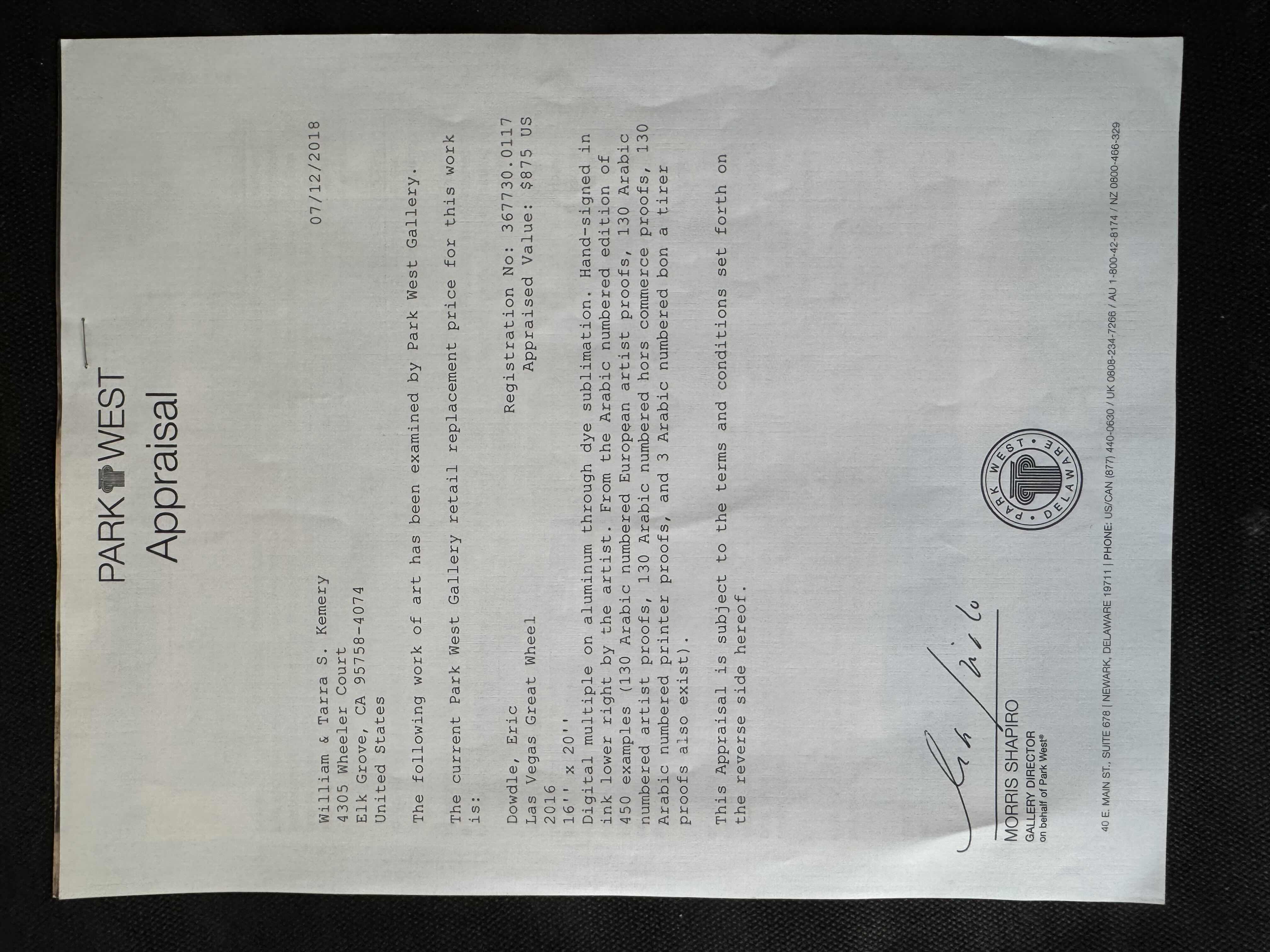 Photo 1 of ANTIQUE GOLD W BLACK FRAMED "LAS VEGAS GREAT WHEEL 2016" ARTWORK HAND SIGNED BY ARTIST ERIC DOWDLE  340/450 W APPRAISAL  (29” X 25”)
