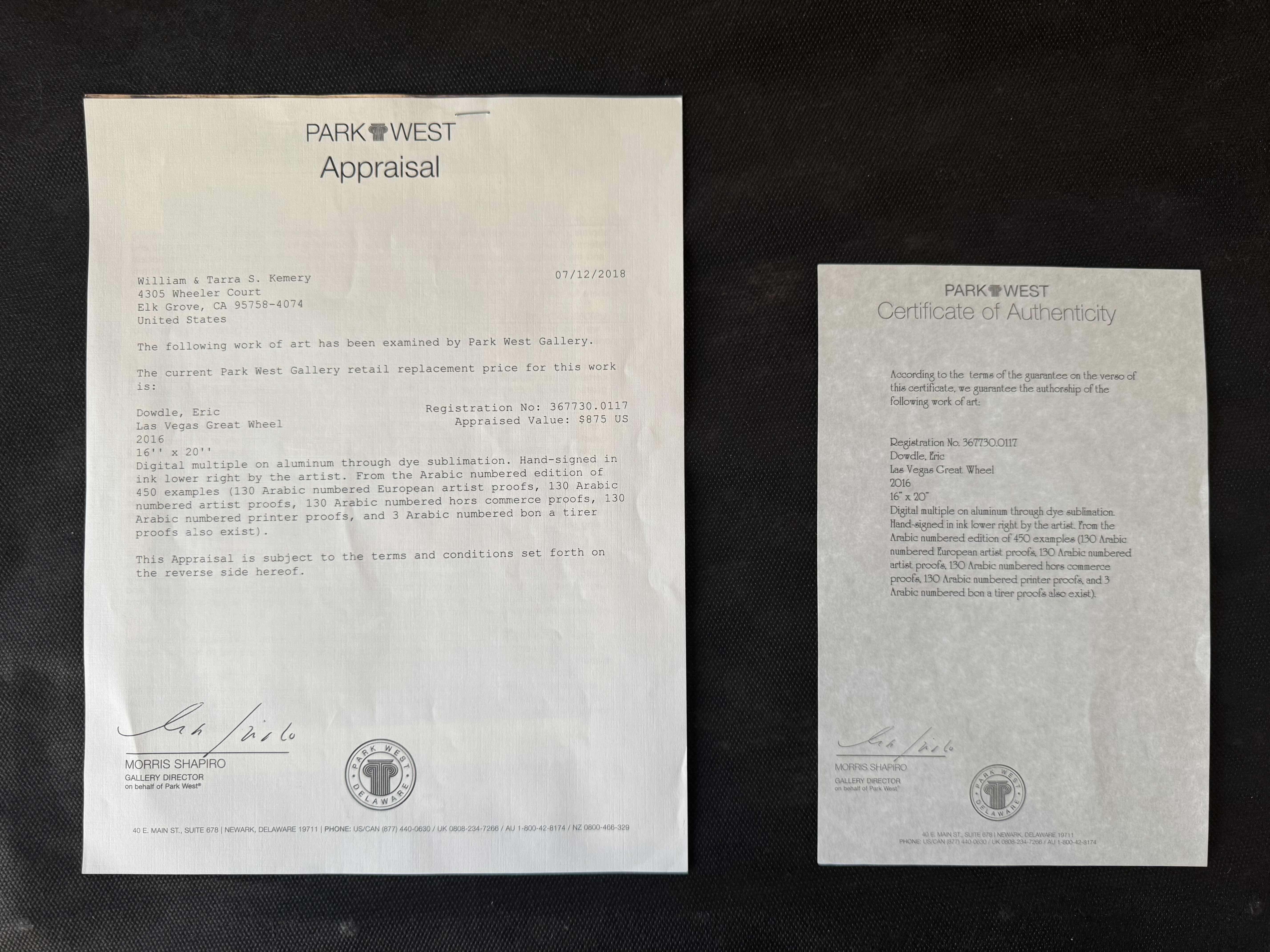 Photo 1 of ANTIQUE GOLD W BLACK FRAMED "LAS VEGAS GREAT WHEEL 2016" ARTWORK HAND SIGNED BY ARTIST ERIC DOWDLE  340/450 W APPRAISAL  (29” X 25”)
