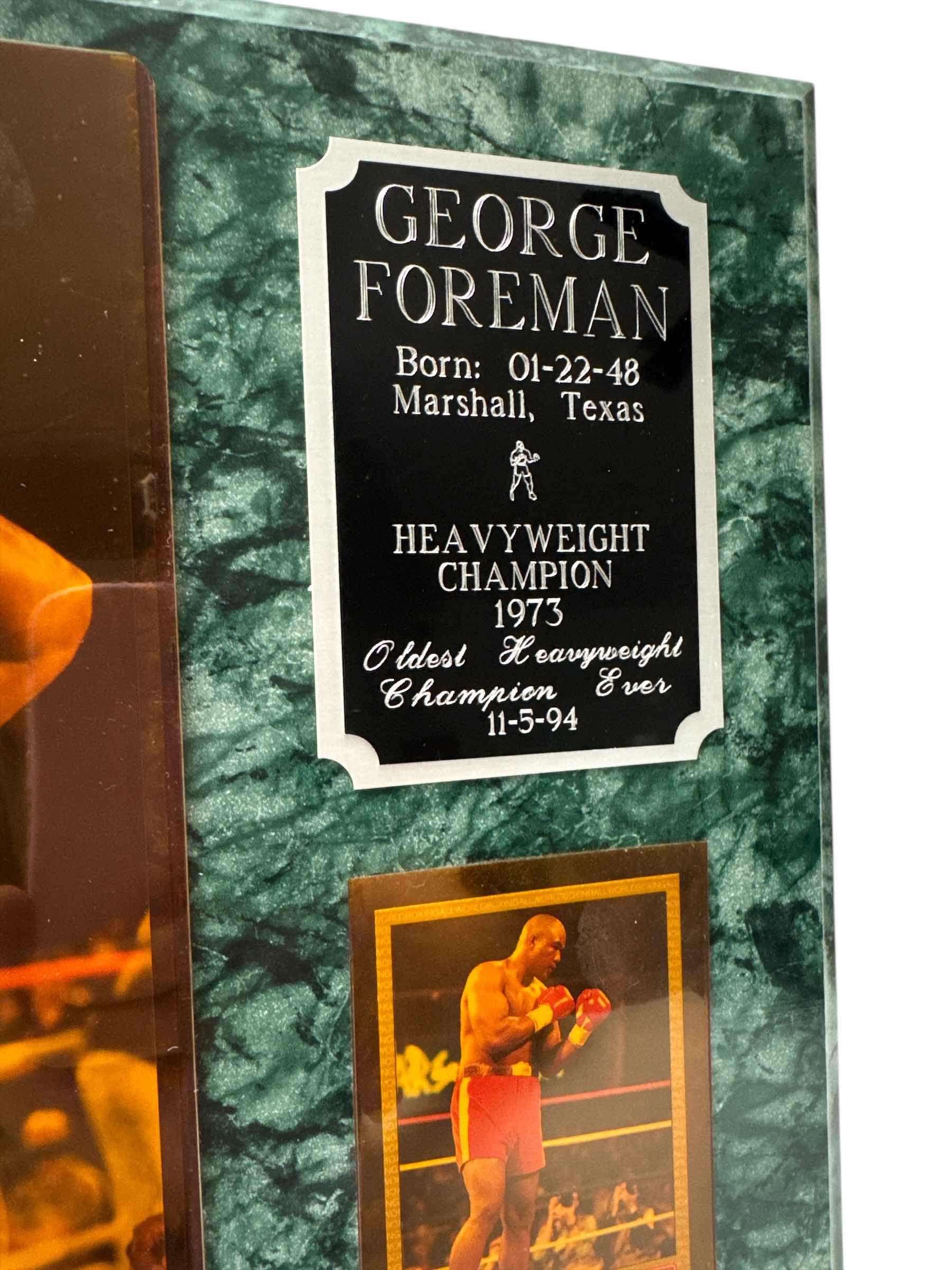 Photo 1 of VINTAGE GEORGE FOREMAN WOODEN WALL PLAQUE PICTURE AND CARD 
W15” X L12”
