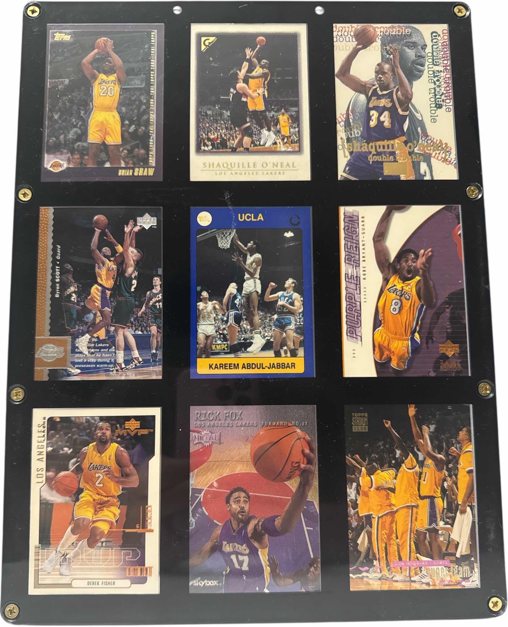 Photo 1 of WALL MOUNTED 9 NBA SPORTS CARDS (KOBE, SHAQ, FISHER) 