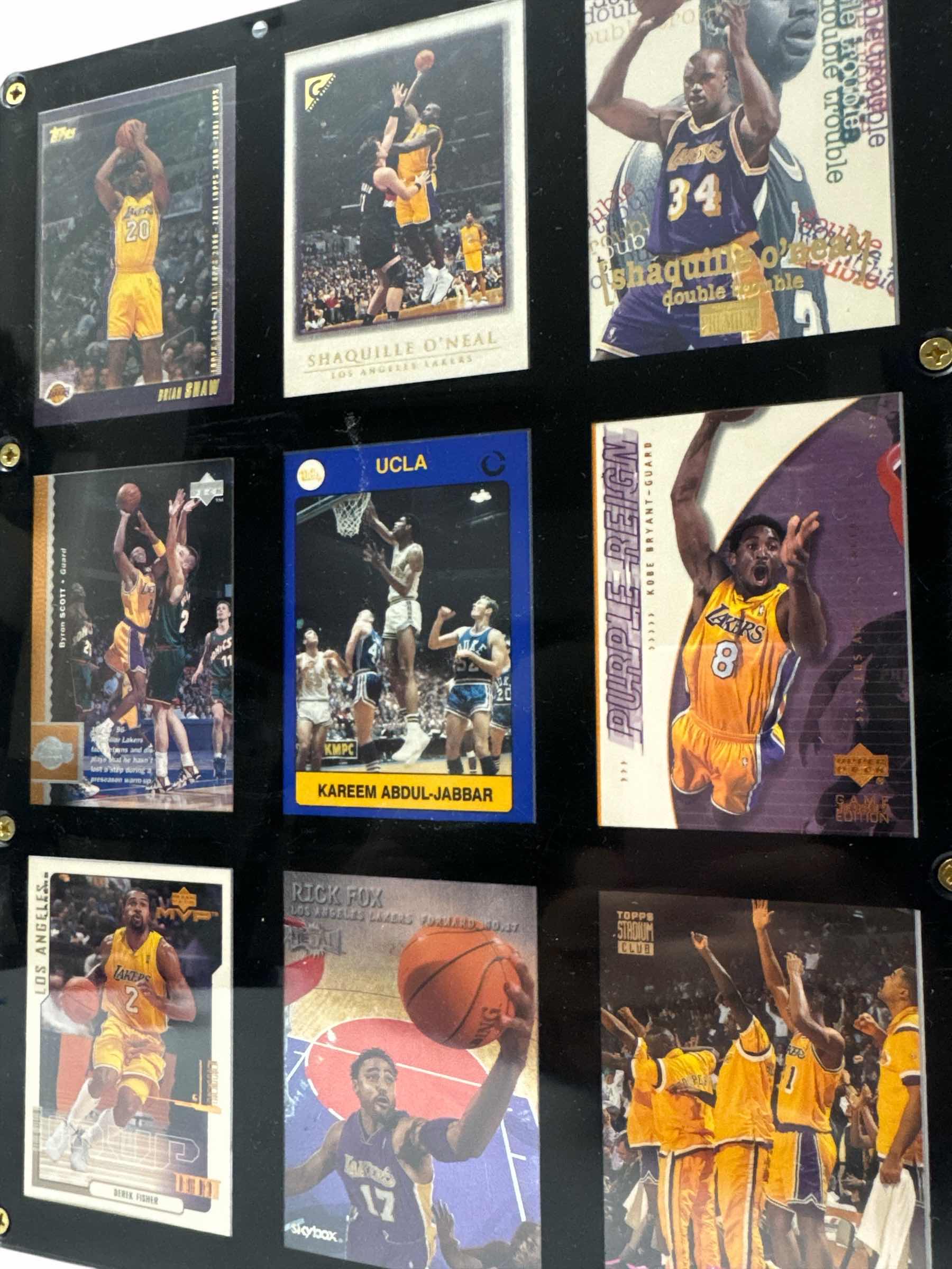 Photo 1 of WALL MOUNTED 9 NBA SPORTS CARDS (KOBE, SHAQ, FISHER) 
