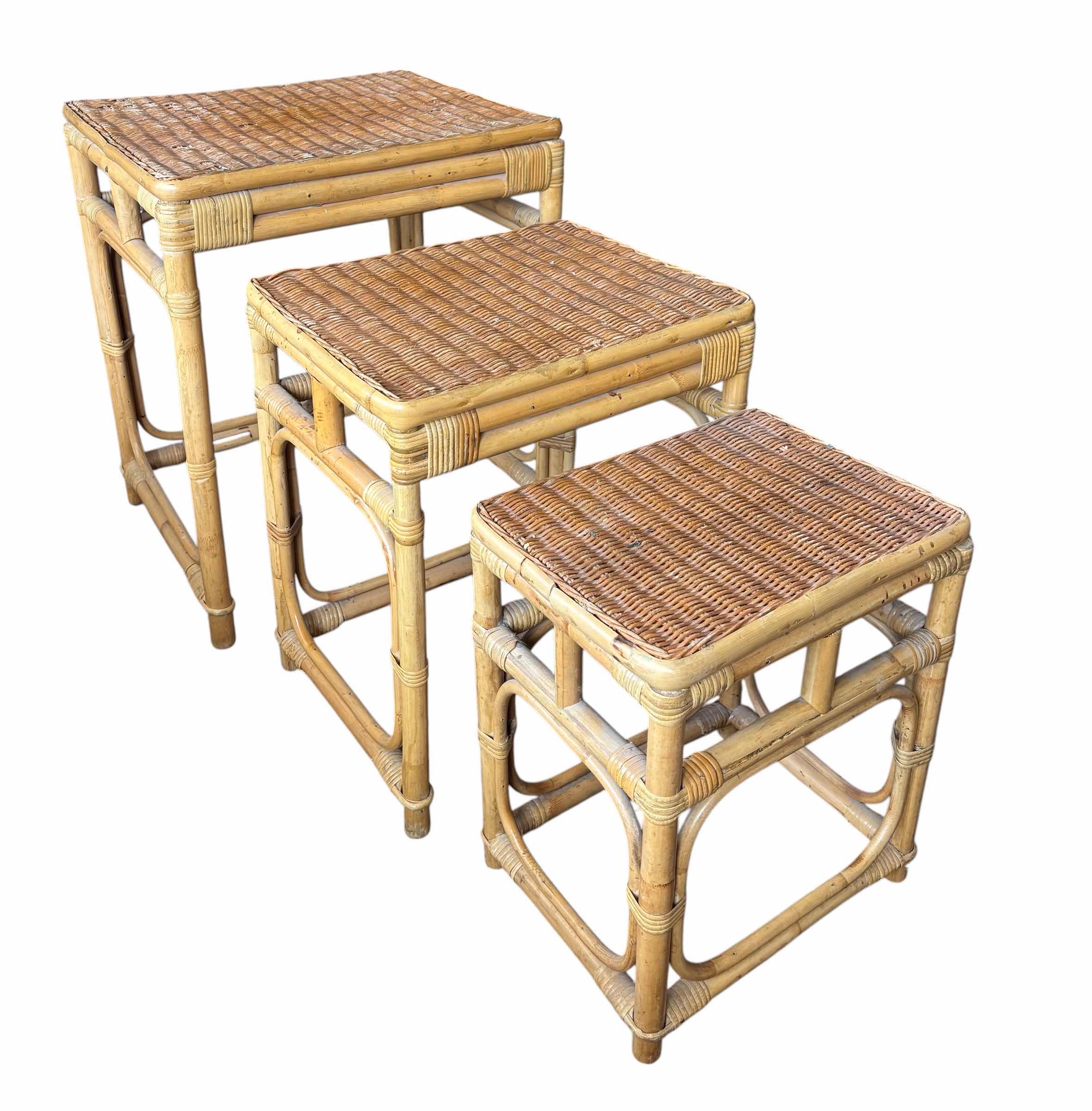 Photo 1 of VINTAGE BOHO STYLE RATTAN & BAMBOO NESTING TABLE SET (3) 23”H
