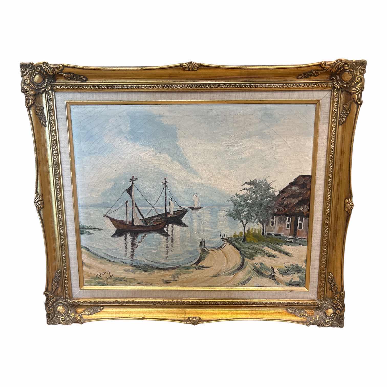 Photo 1 of FRAMED OIL PAINTING VINTAGE 1961 ORIGINAL OIL PAINTING OF MARITIME COASTAL SCENE IN ORANTE GOLD FRAME SIGNED IN HEBREW- ARTIST UNKNOWN 25”X21.25”