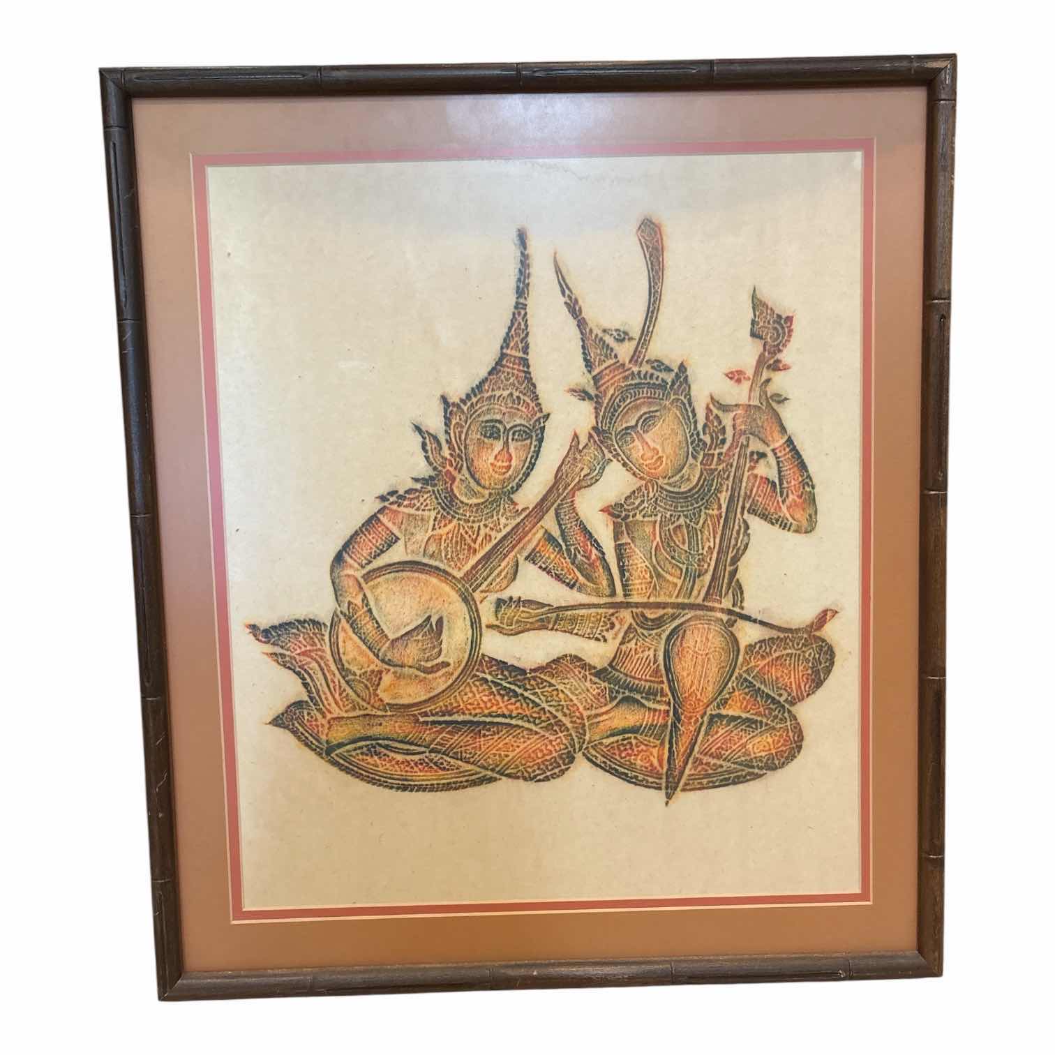 Photo 1 of FRAMED VINTAGE ARTWORK THAI TEMPLE MUSICIANS 21.5”X24”