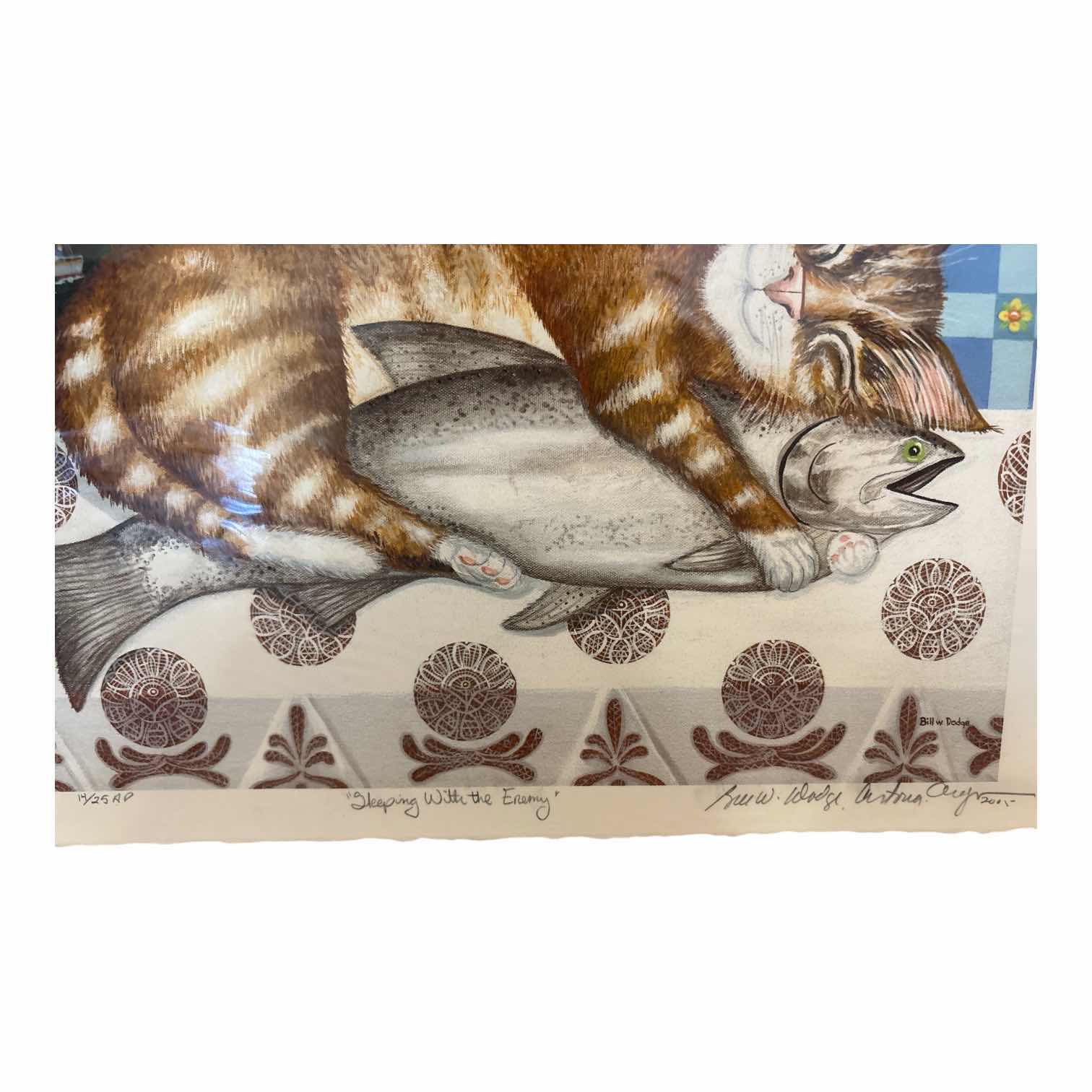 Photo 1 of AMERICAN PRINT “SLEEPING WITH THE ENEMY” TABBY CAT W/FISH SIGNED BY BILL W. DODGE #14/25 15”X11.5” W/COA
