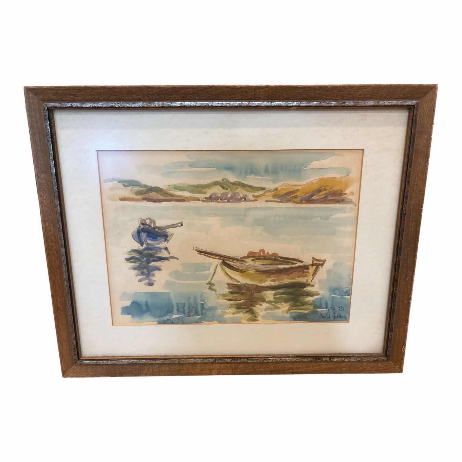 Photo 1 of VINTAGE FRAMED WATERCOLOR ART COASTAL HARBOR SCENE W/ROWBOAT SIGNED BY DAVID  GILBOA 3/3 IN WOOD FRAME 17.5”X14”