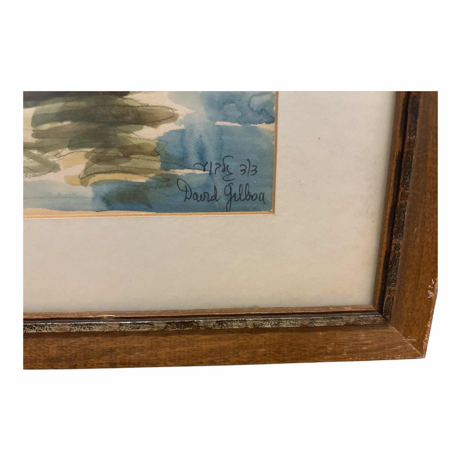 Photo 1 of VINTAGE FRAMED WATERCOLOR ART COASTAL HARBOR SCENE W/ROWBOAT SIGNED BY DAVID  GILBOA 3/3 IN WOOD FRAME 17.5”X14”