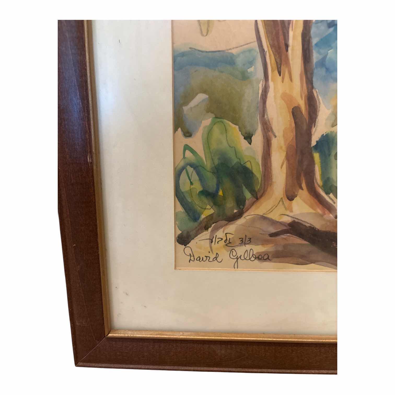 Photo 1 of VINTAGE FRAMED WATERCOLOR ISRAELI VILLAGE LANDSCAPE SIGNED BY DAVID GILBOA 3/3 IN WOOD FRAME 18”X14.5”