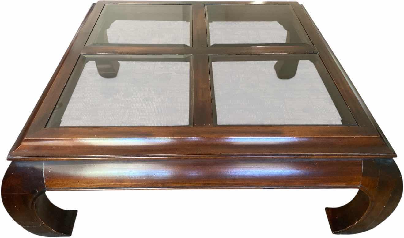 Photo 1 of DARK WOOD COFFEE TABLE WITH BEVELED GLASS TOP 40” X 40” H 16”