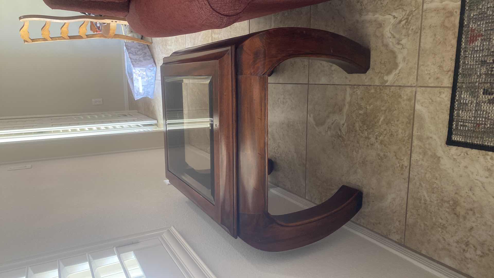Photo 1 of DARK WOOD END TABLE WITH BEVELED GLASS TOP 27“ x 21“ H 21”