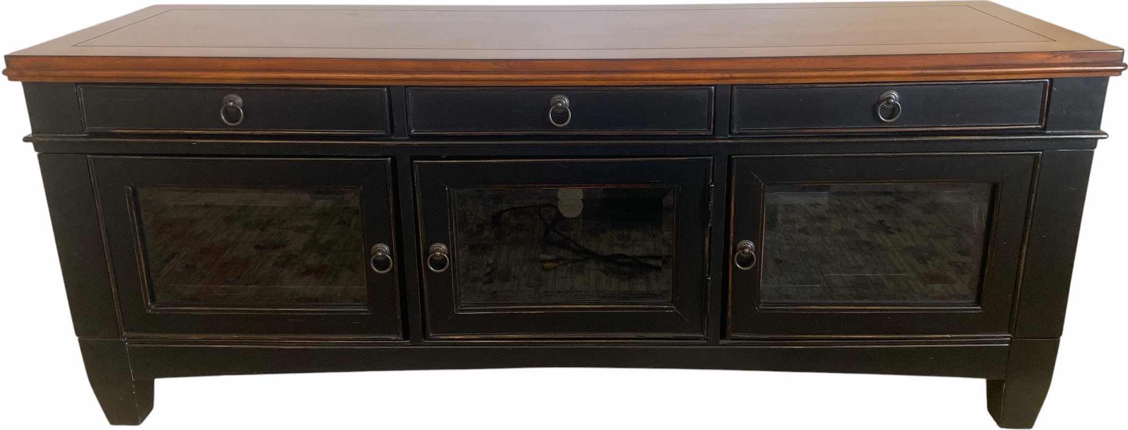 Photo 1 of DARK WOOD ENTERTAINMENT CENTER WITH THREE GLASS DOORS AND THREE DRAWERS 59“ X 18“ H 24