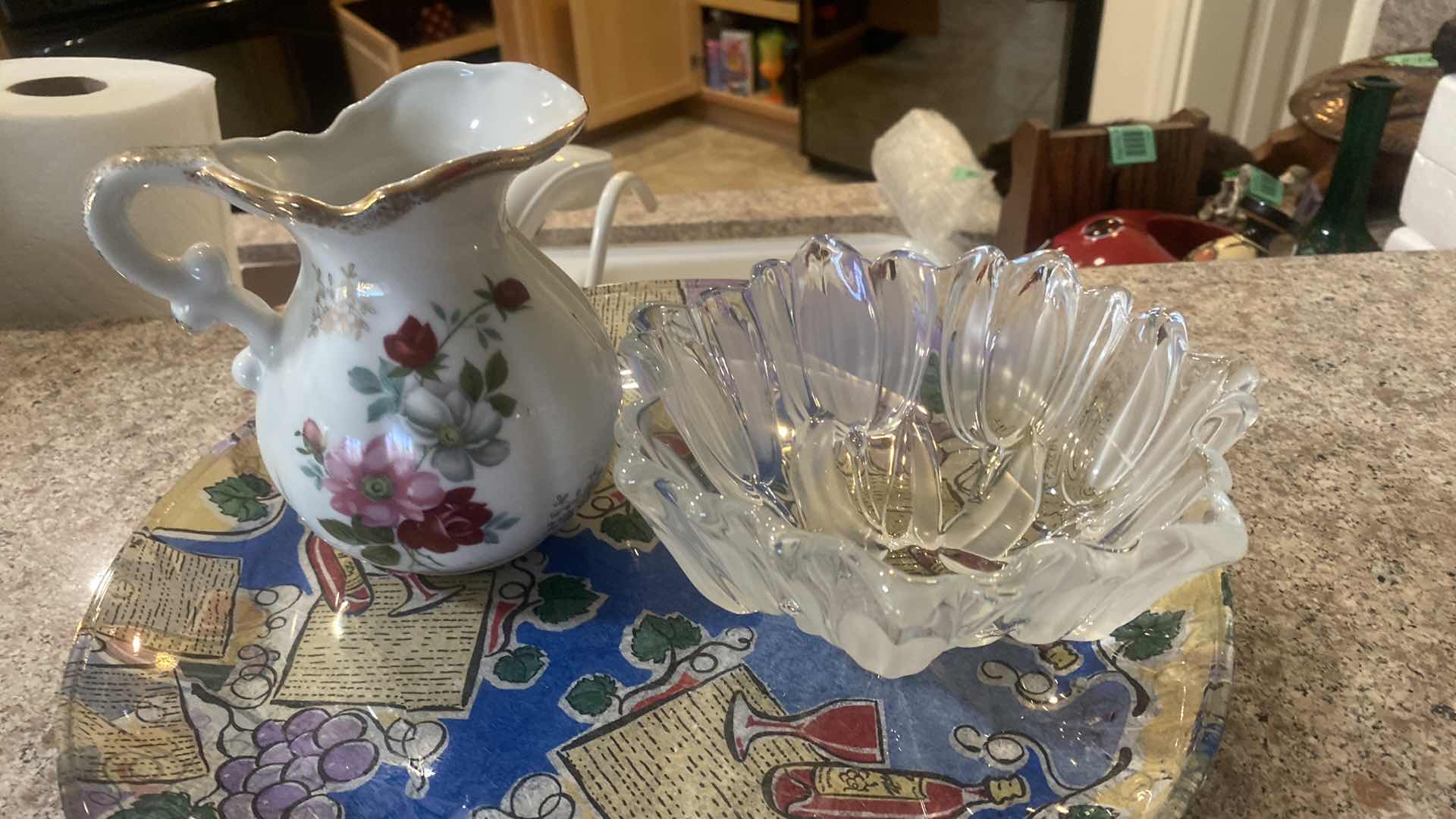 Photo 1 of GLASS WINE PLATTER, CRYSTAL BOWL & PORCELAIN PITCHER
