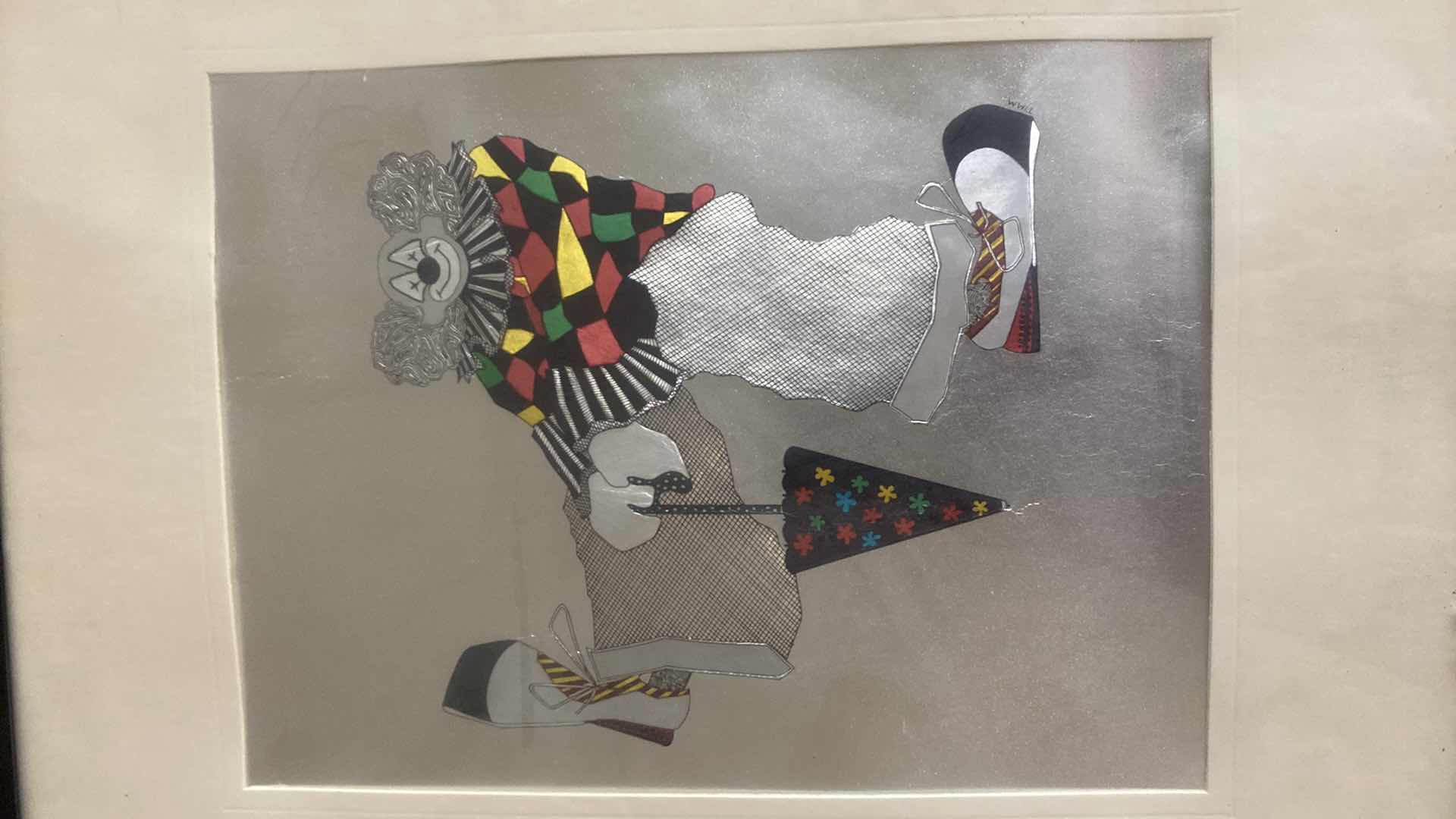 Photo 1 of FRAMED VINTAGE 1980’s KAFKA CLOWN WITH FLOWER 10” x 12”