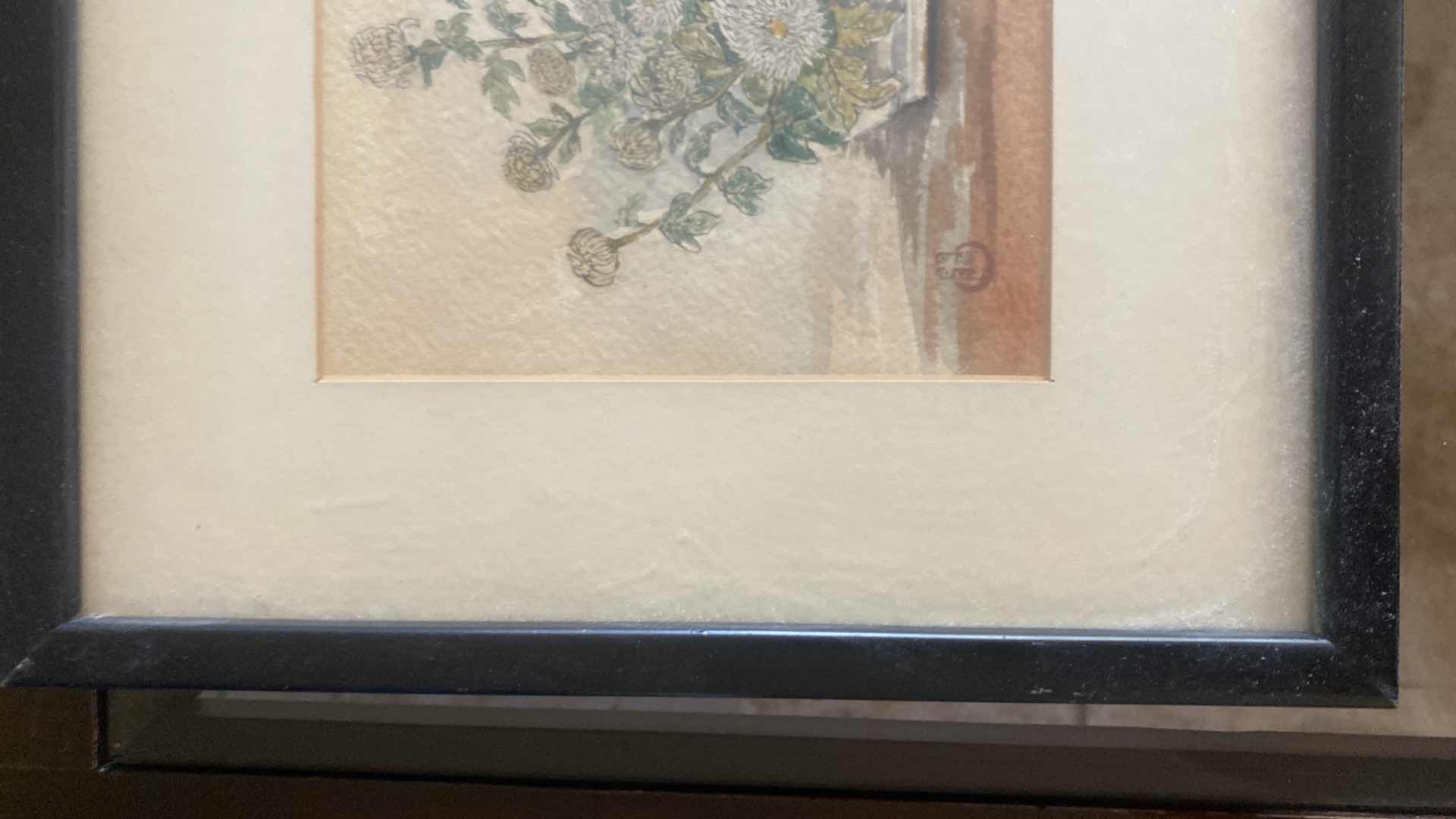 Photo 1 of FRAMED VINTAGE WATERCOLOR FEATURING JAPANESE FLORAL SIGNED ARTWORK 13“ X 10 1/2“
