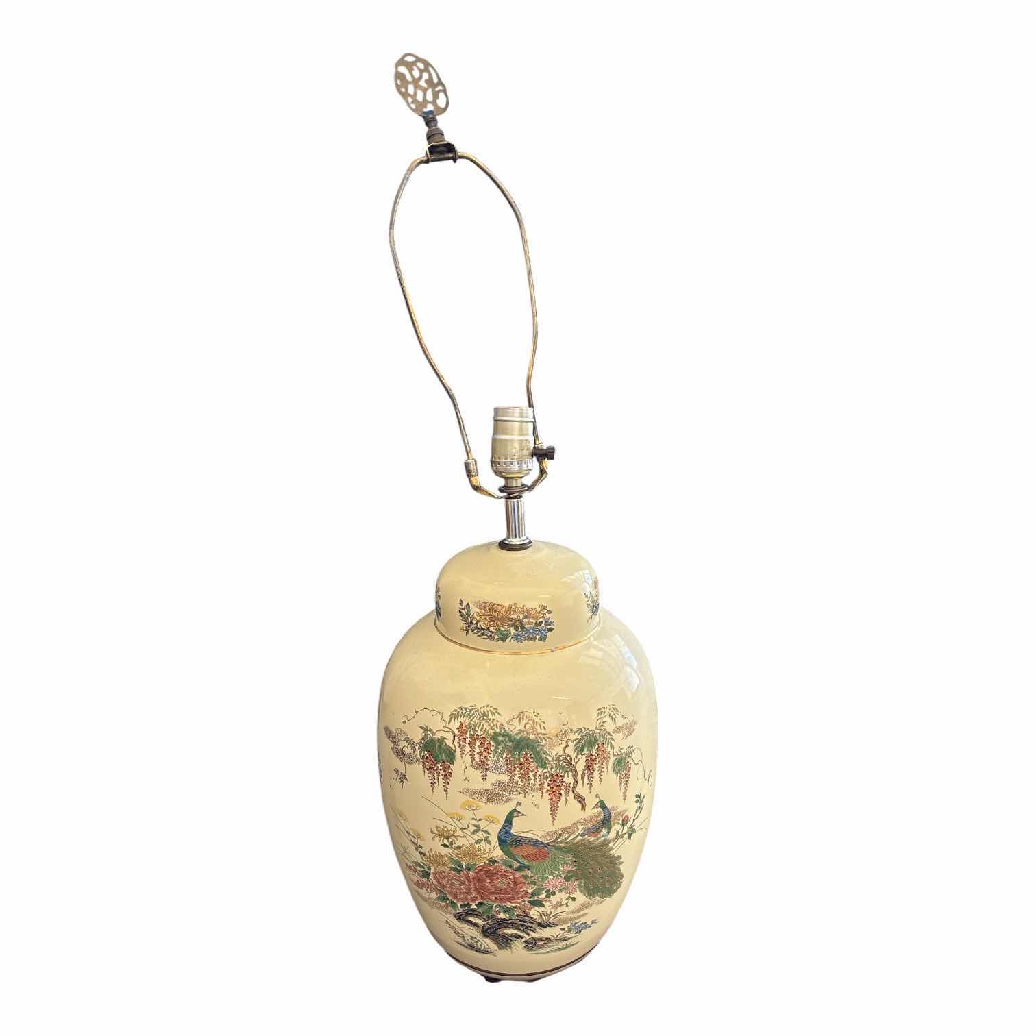 Photo 1 of VINTAGE CHINOISERIE GINGER JAR LAMP W/HAND PAINTED PEACOCK AND FLORAL MOTIF ON CREAM PORCELAIN BASE H30.5”