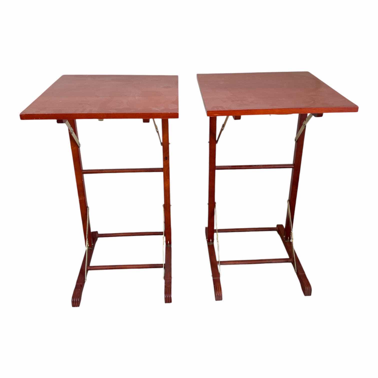 Photo 1 of (2)PCS CHERRY WOOD SIDE SNACK TABLES 17.5”X17.5”H30”