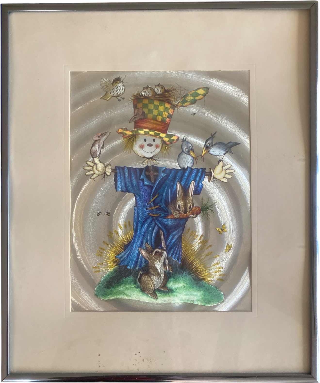 Photo 1 of FRAMED VINTAGE DEFECT FOIL, PRINT SCARECROW AND BUNNIES ARTWORK 10” X 12”