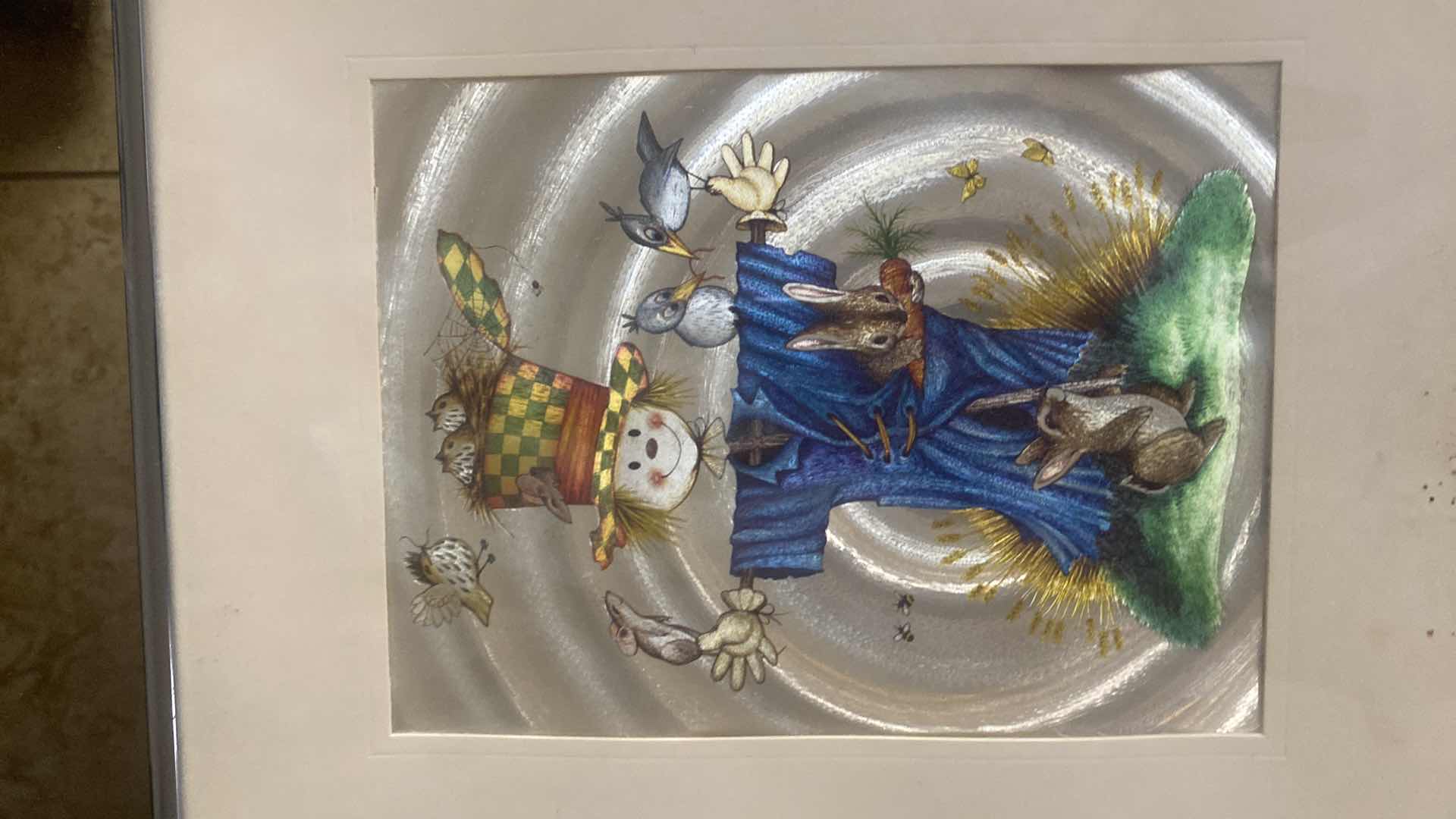 Photo 1 of FRAMED VINTAGE DEFECT FOIL, PRINT SCARECROW AND BUNNIES ARTWORK 10” X 12”
