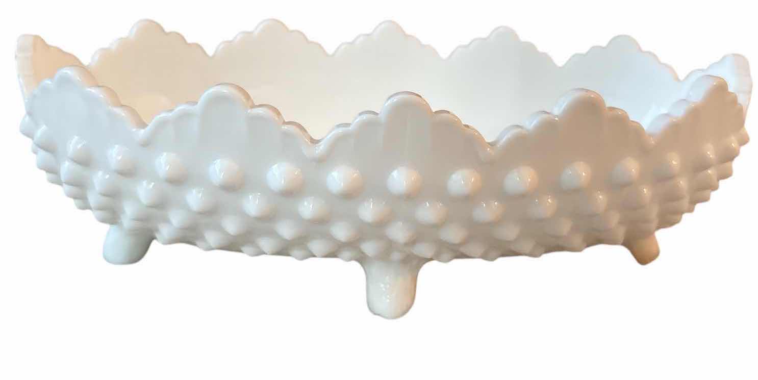 View 1 of VINTAGE FENTON WHITE MILK GLASS HOBNAIL FOOTED BOWL L8”
