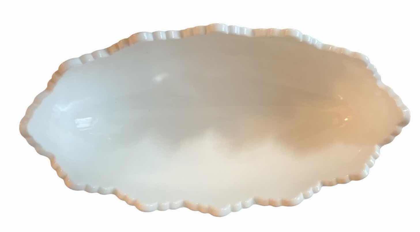 View 2 of VINTAGE FENTON WHITE MILK GLASS HOBNAIL FOOTED BOWL L8”